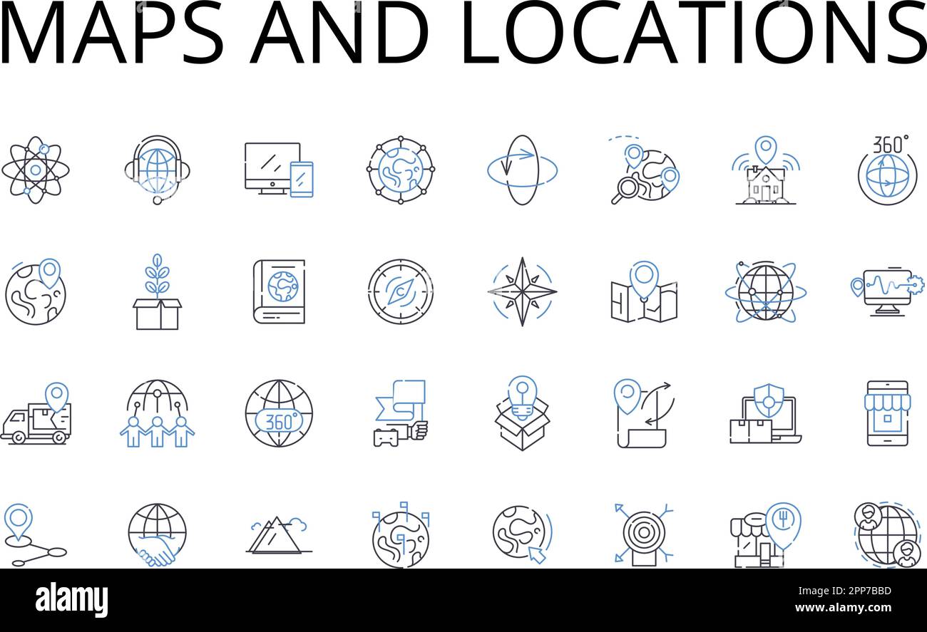 Sammlung der Liniensymbole für Karten und Standorte. Kartografie, Geolokalisierung, Topographie, Atlas, Navigation, Terrain, Geocaching-Vektor und lineare Darstellung Stock Vektor