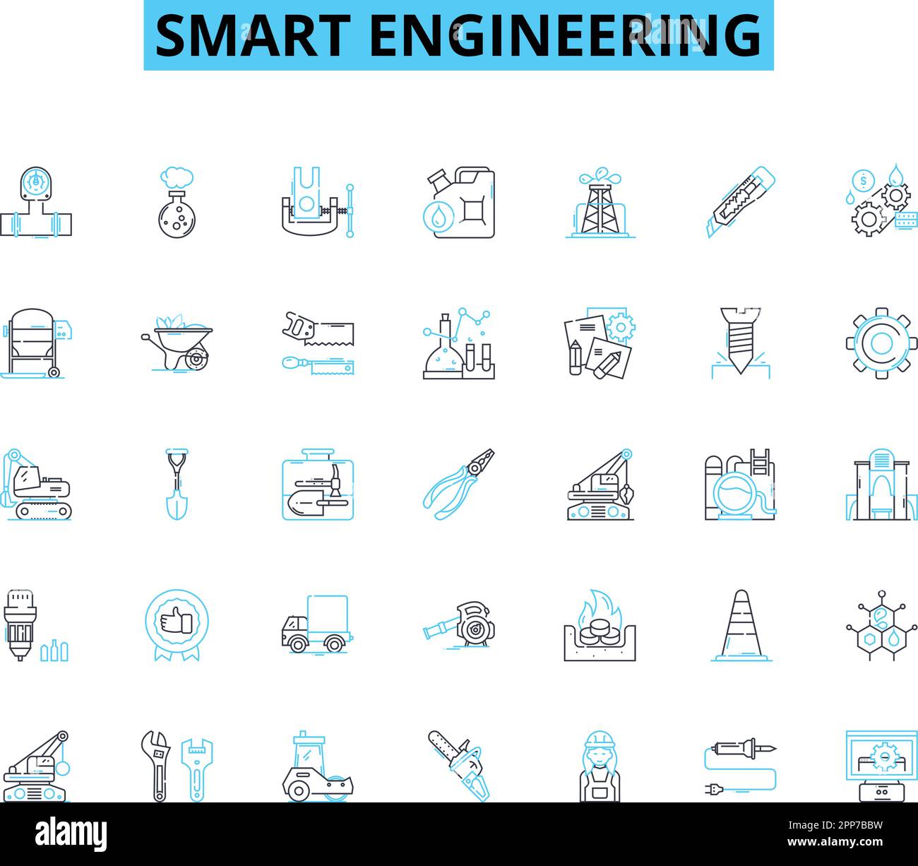 Lineare Symbole für Smart Engineering festgelegt. Optimierung, Innovation, Automatisierung, Präzision, Nachhaltigkeit, Integration, Effizienz Linienvektor und Konzept Stock Vektor