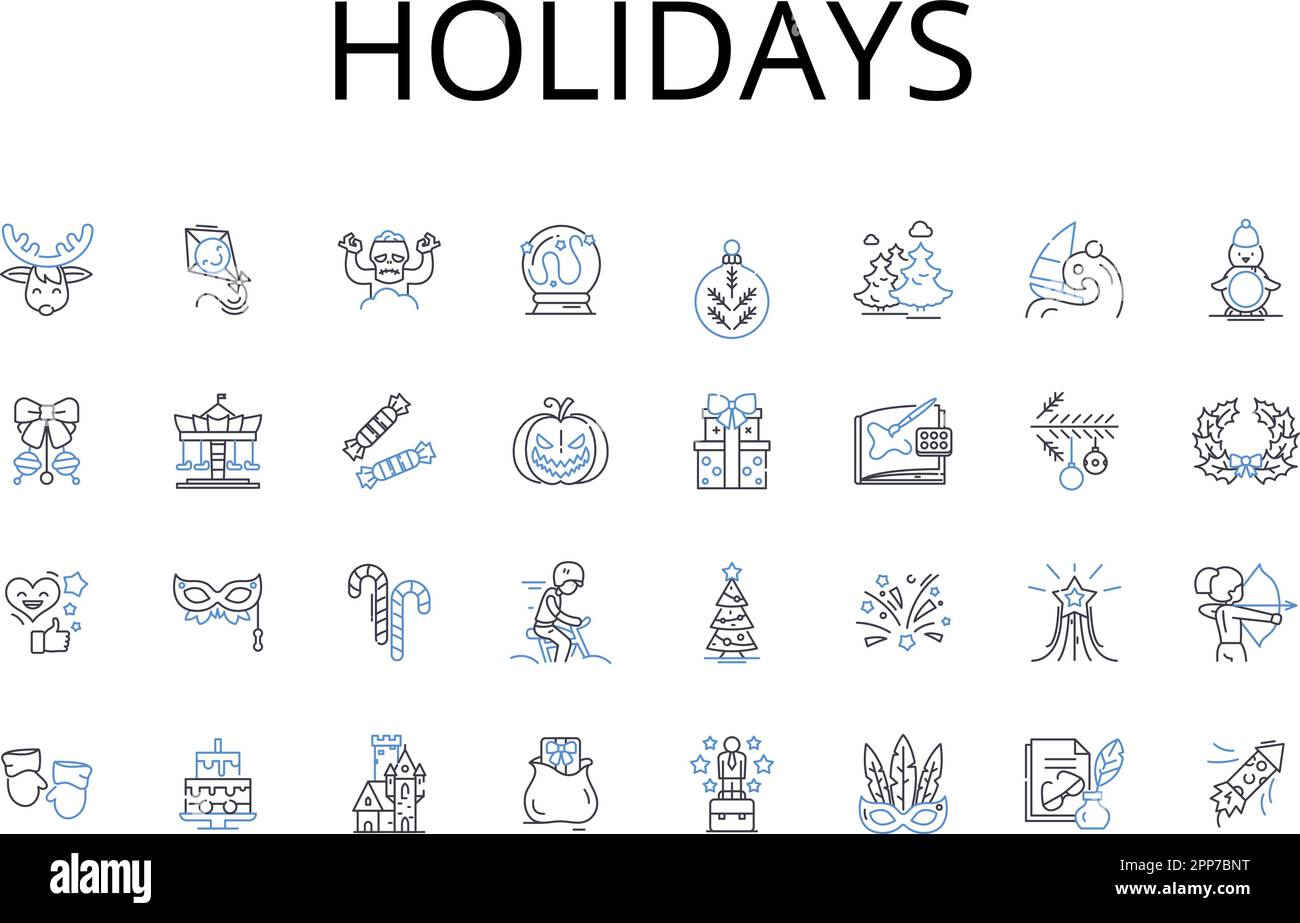 Kollektion mit Symbolen für Feiertage. Urlaub, Kurzurlaube, Festivals, Feierlichkeiten, Pausen, Rückzüge, Zeitabwesenheitsvektor und lineare Darstellung. Ausflüge Stock Vektor