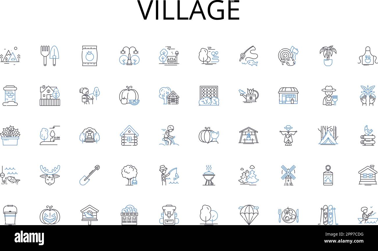 Ikonensammlung der Dorflinie. Reichtum, Reichtum, Reichtum, Reichtum, Wohlstand, Opulenz, Erfolgsvektor und lineare Darstellung. Einnahmen, Wachstum Stock Vektor