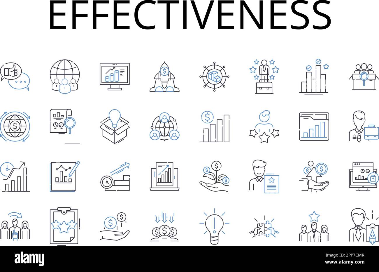 Symbolsammlung für Effectiveness Line. Effizienz, Produktivität, Leistungsfähigkeit, Leistungsfähigkeit, Leistung, Einflussvermögen, Eignungsvektor und linear Stock Vektor