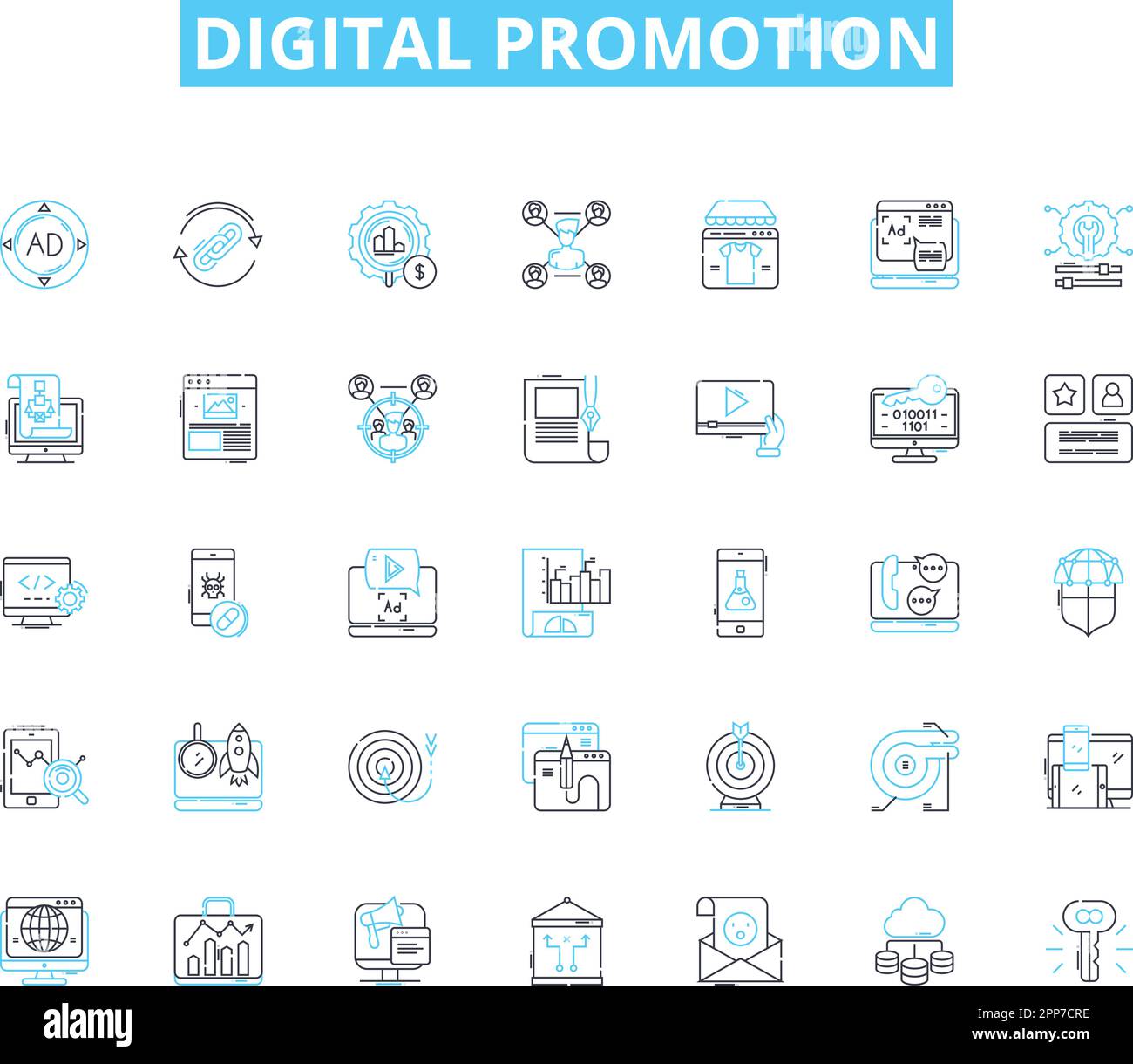 Lineare Symbole für digitale Werbung. Marketing, Werbung, Branding, Kampagnen, CTR, Konvertierung, Linienvektor und Konzeptzeichen. PPC Stock Vektor