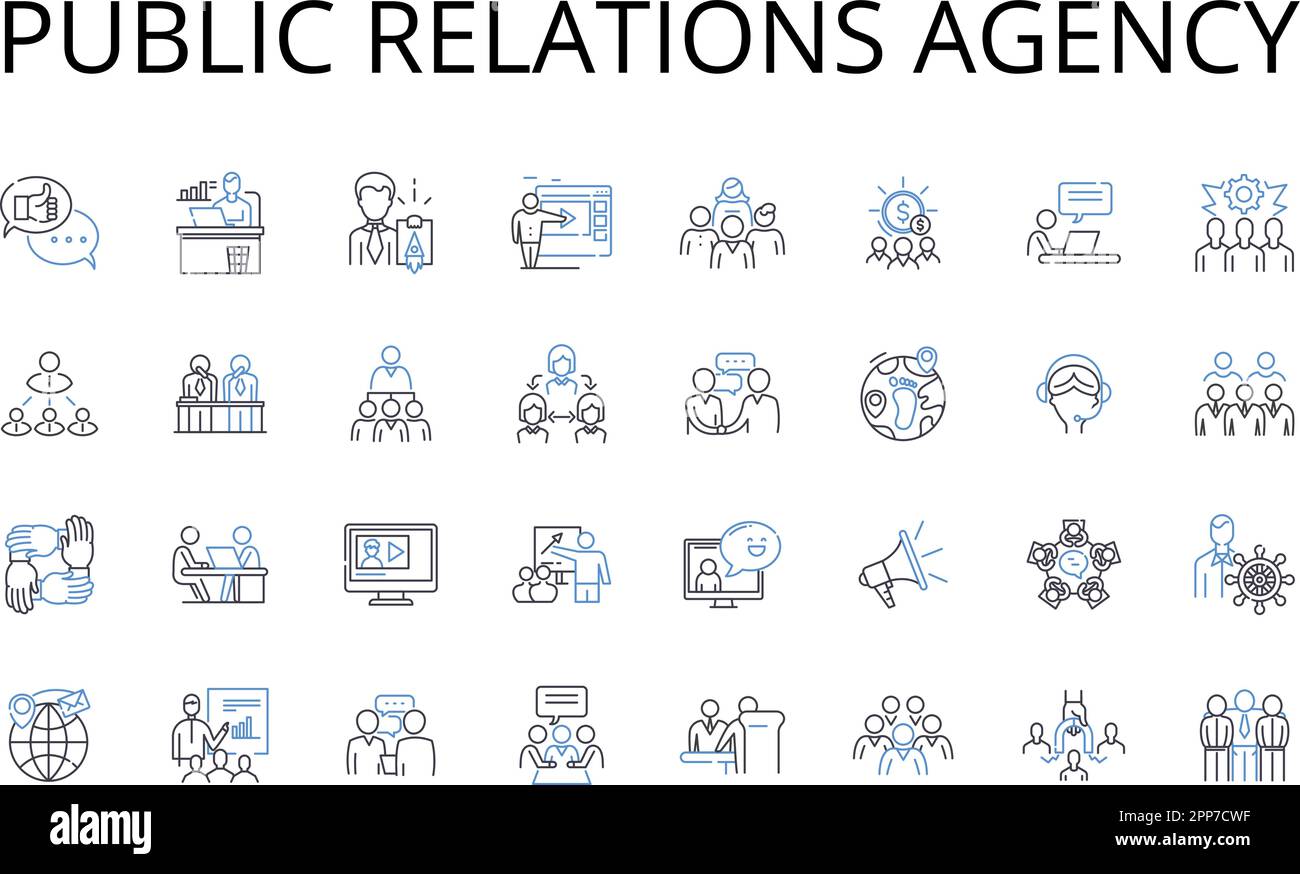 Symbolsammlung der PR-Agentur. Marketingunternehmen, Kommunikationsunternehmen, Werbeagentur, Reputationsmanagement, Media Relations, Marke Stock Vektor