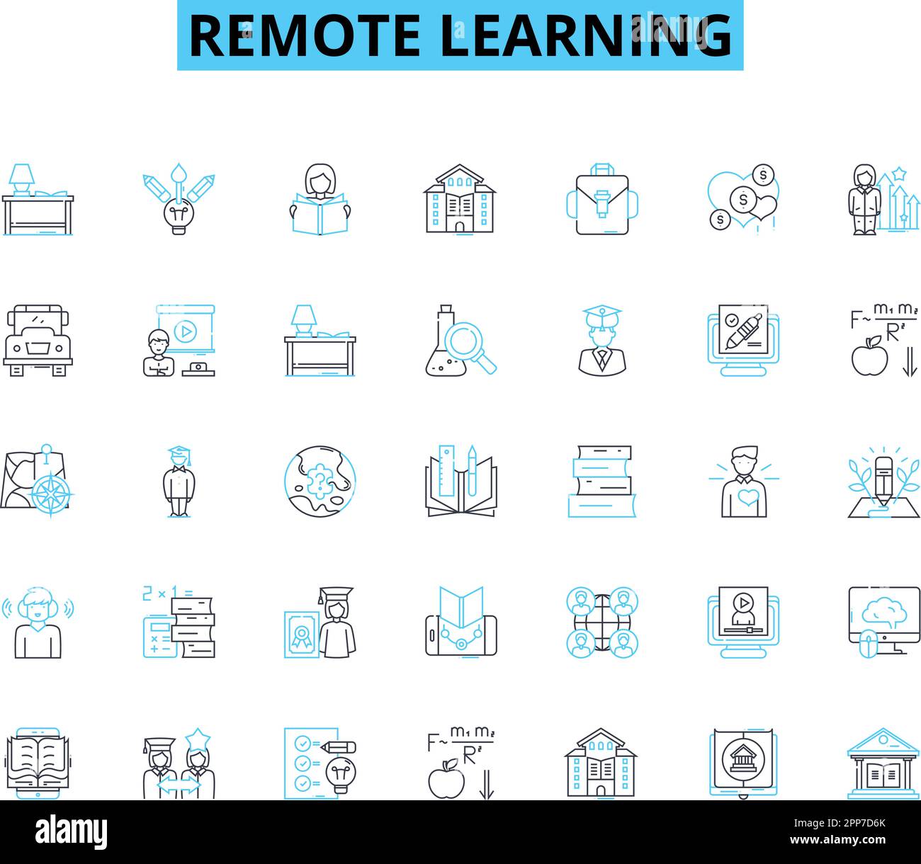 Remote Learning – Lineare Symbole eingestellt. Virtuell, digital, Online, Entfernung, E-Learning, Webbasierte Linienvektor- und Konzeptschilder für Tele-Education. Mobil, At Stock Vektor