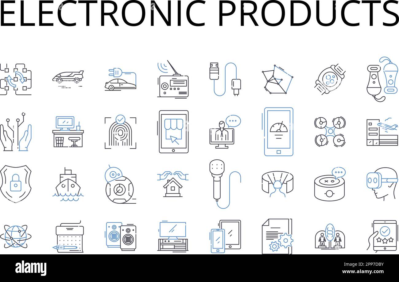Symbolsammlung für elektronische Produkte. Digitale Geräte, technische Artikel, Elektrogeräte, Cyber-Produkte, Hightech-Gadgets, Audioanlage Stock Vektor