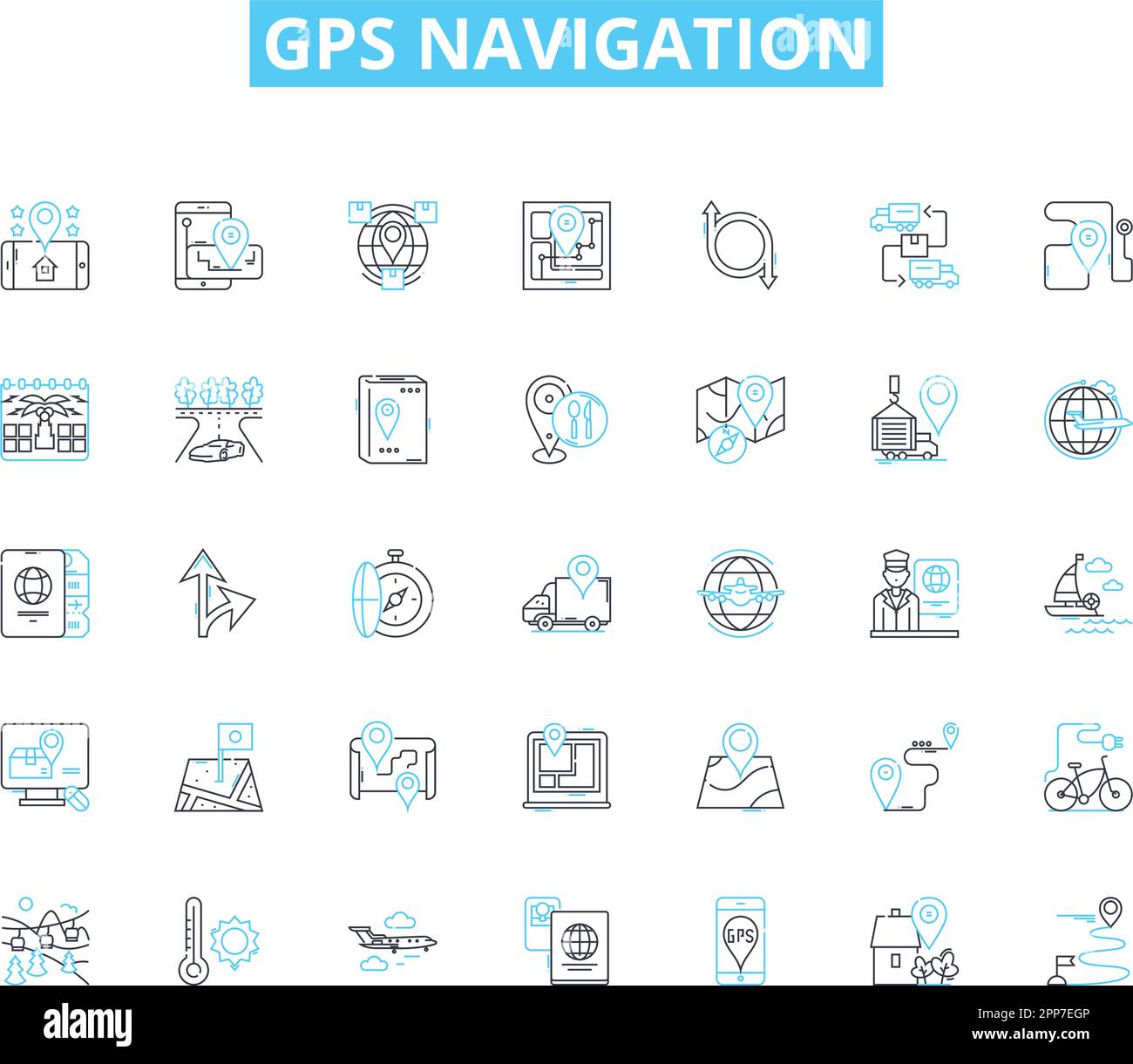 Lineare Symbole für GPS-Navigation eingestellt. Satelliten, Koordinaten, Karten, Position, Routing, Wegpunkte, Signale Linienvektor und Konzeptzeichen. Genauigkeit, Tracking Stock Vektor