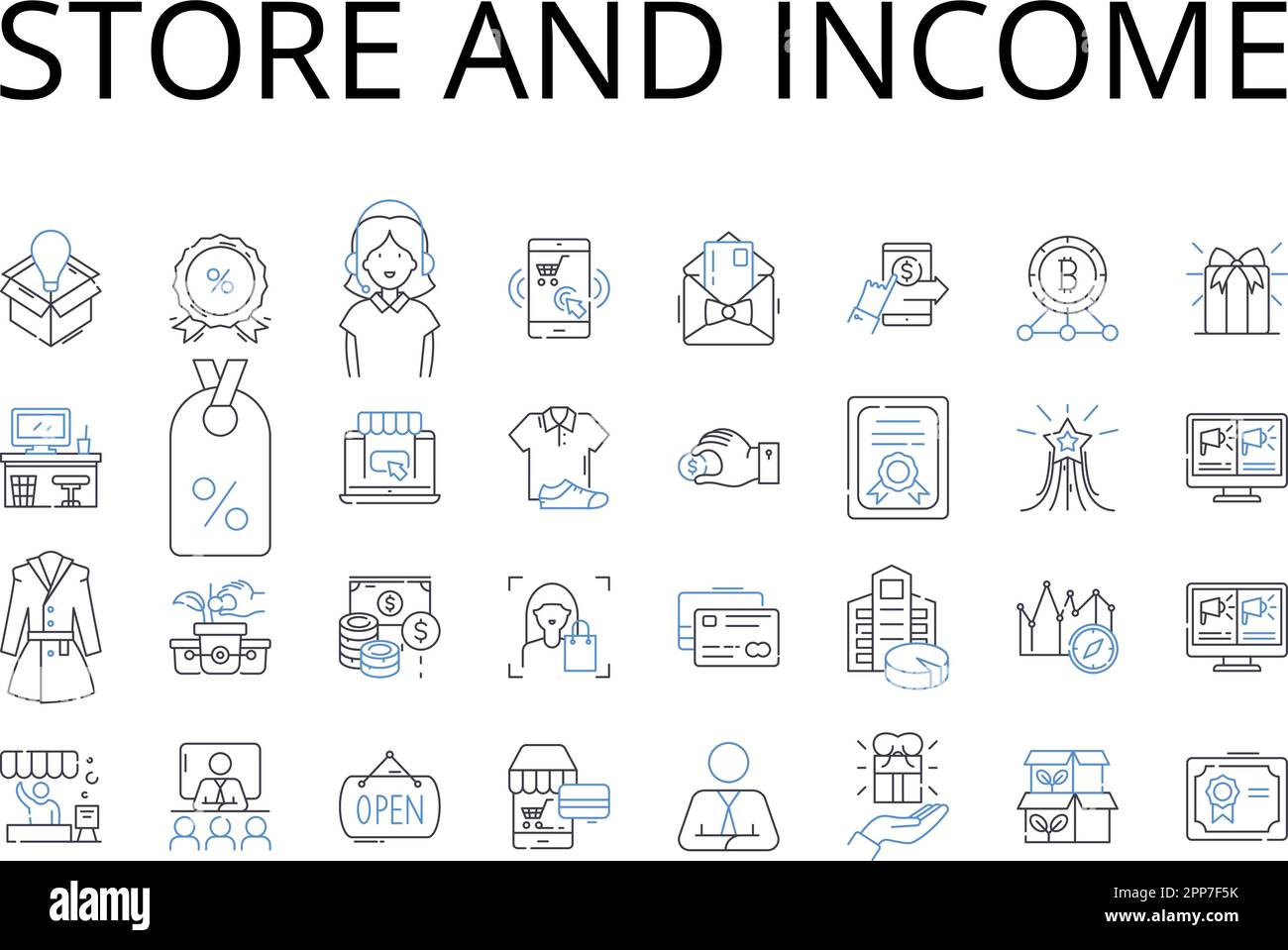 Symbolsammlung für Filialen und Einkommenspositionen. Shop and Revenue , Market and Earnings , Boutique and Profit , Warehouse and Gain , Outlet und Return Stock Vektor