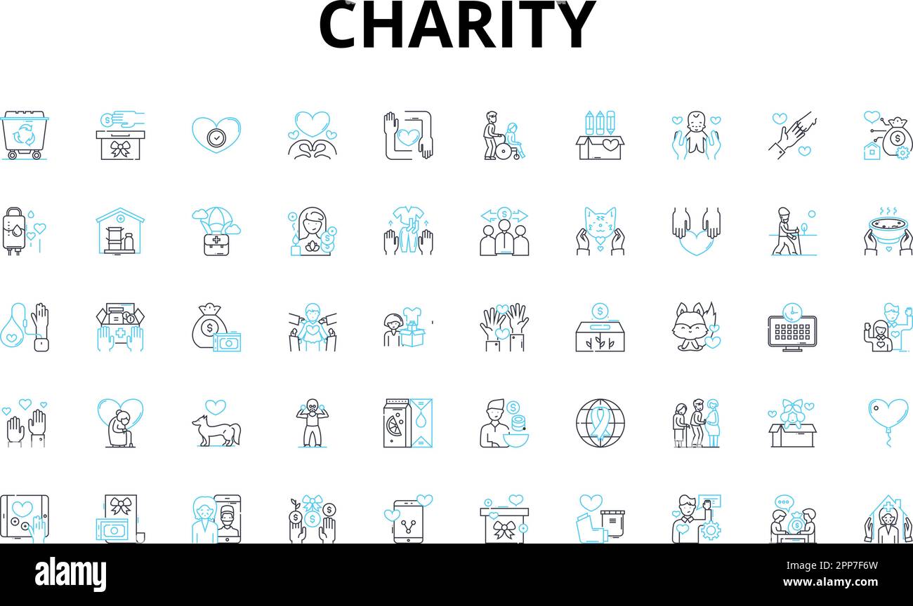 Lineare Symbole für wohltätige Zwecke festgelegt. Philanthropie, Großzügigkeit, Altruismus, Mitgefühl, Geben, Wohltätigkeit, Spenden von Vektorsymbolen und Linienkonzepten Stock Vektor