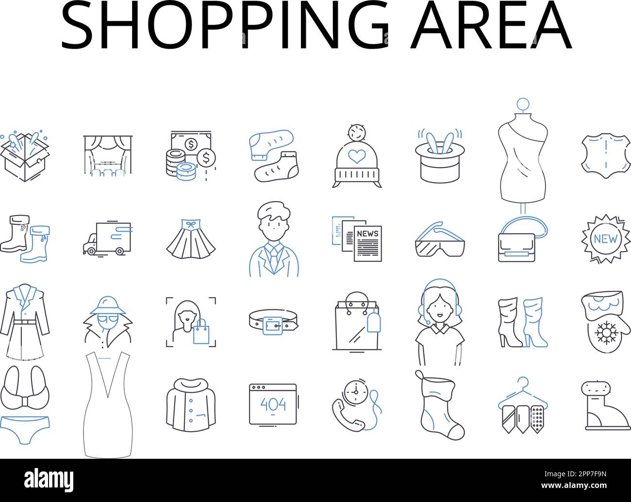 Symbolsammlung für Einkaufsviertel. Einzelhandelsviertel, Geschäftsviertel, Einkaufszentrum, Marktviertel, Gewerbegebiet, Einkaufen Stock Vektor