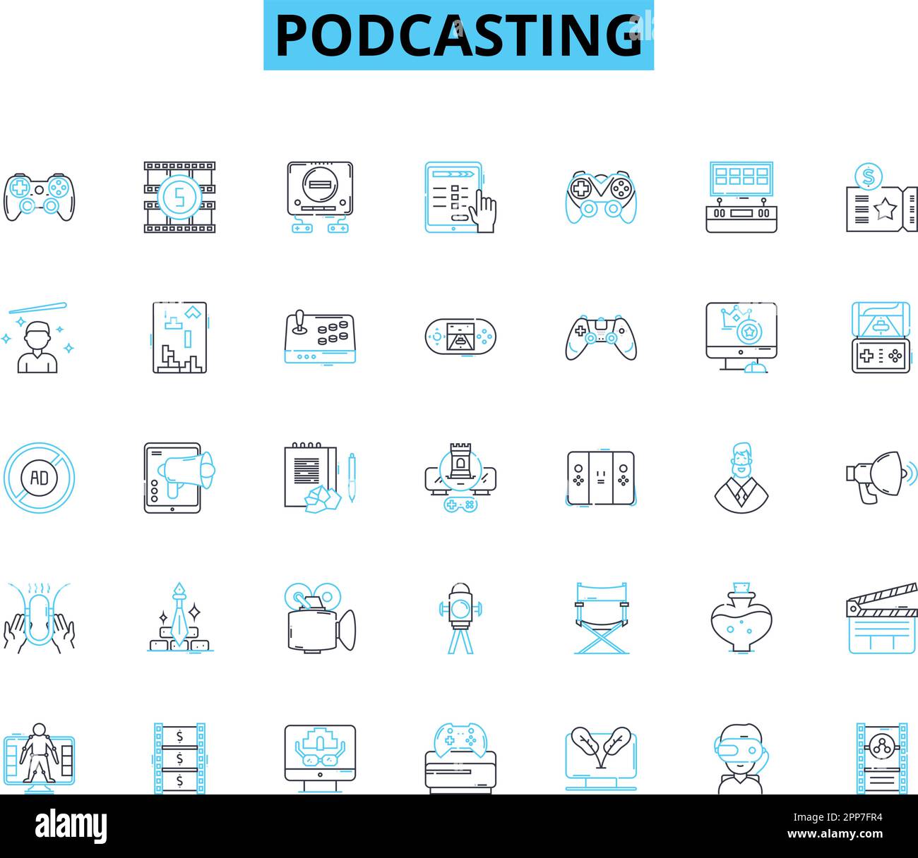 Satz linearer Podcasting-Symbole. Akustisch, Unterhaltsam, Informativ, Ansprechend, Optimiert, Tragbare, innovative Linienvektor- und Konzeptschilder. Streaming Stock Vektor