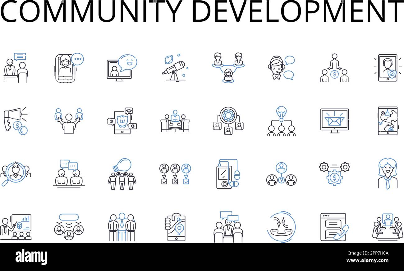 Community Development Line Icons Kollektion. Umweltschutz, Wirtschaftswachstum, soziale Verantwortung, Kulturaustausch, Bildungsreform Stock Vektor