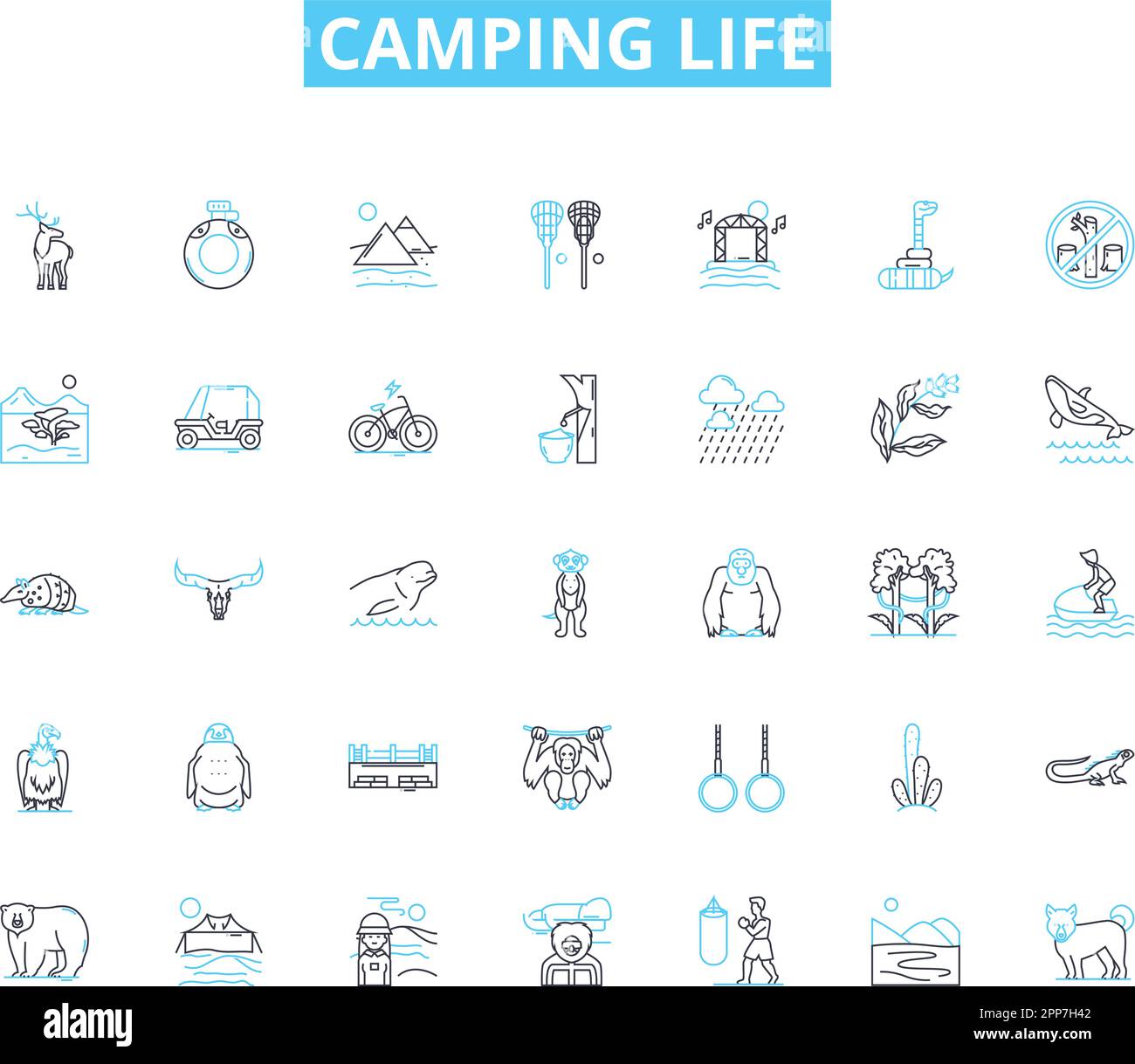 Das Leben im Camping ist mit linearen Symbolen versehen. Abenteuer, Bonfire, Rucksack, Zelt, Wandern, Marshmallow, Naturlinienvektor und Konzeptzeichen. Draußen, Lagerfeuer Stock Vektor