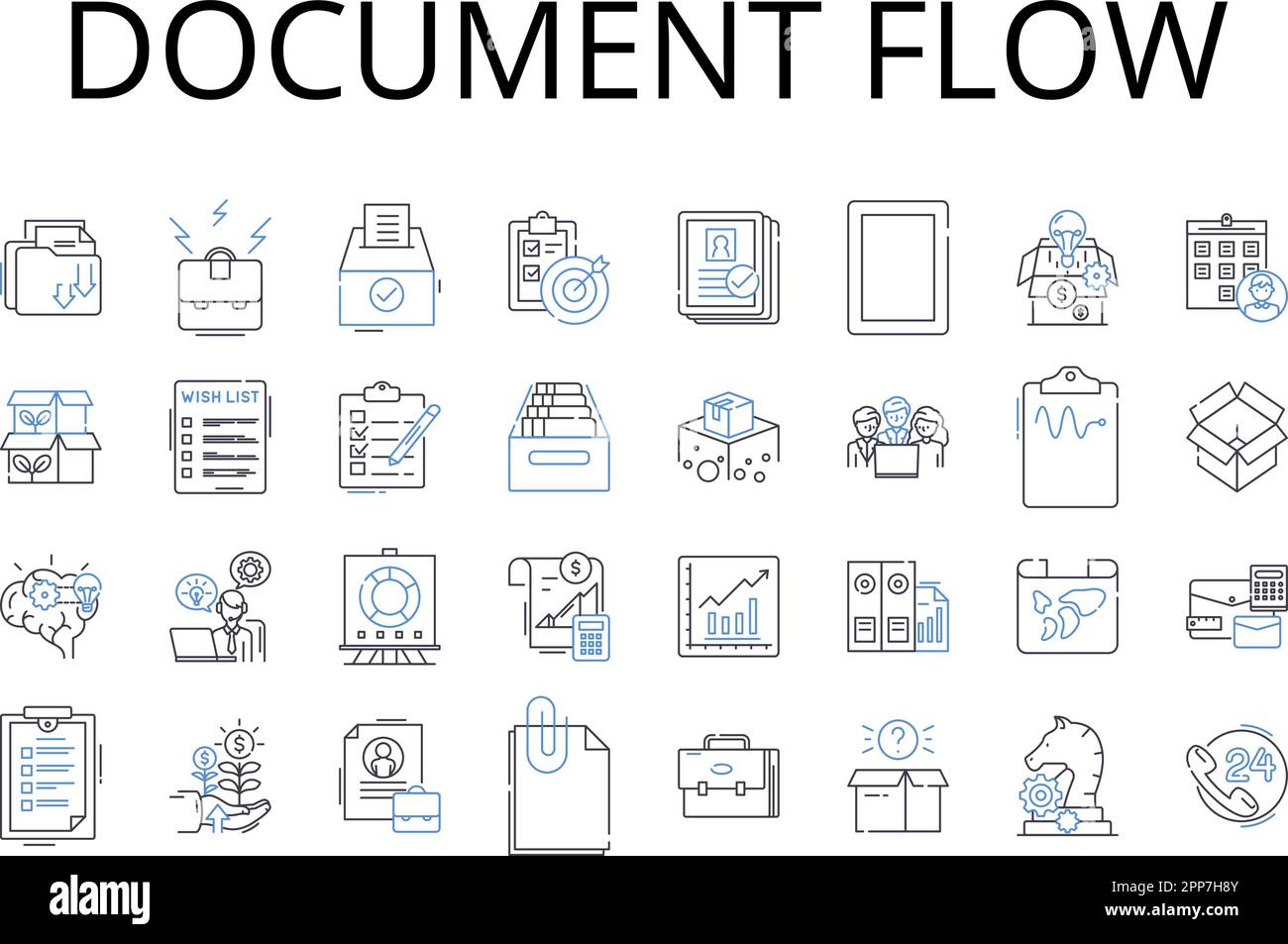 Symbolsammlung für den Dokumentfluss. Workflow-Management, Informationsfluss, Geschäftsprozess, Aufgabensequenz, Prozessflussdiagramm, Daten-Pipeline Stock Vektor