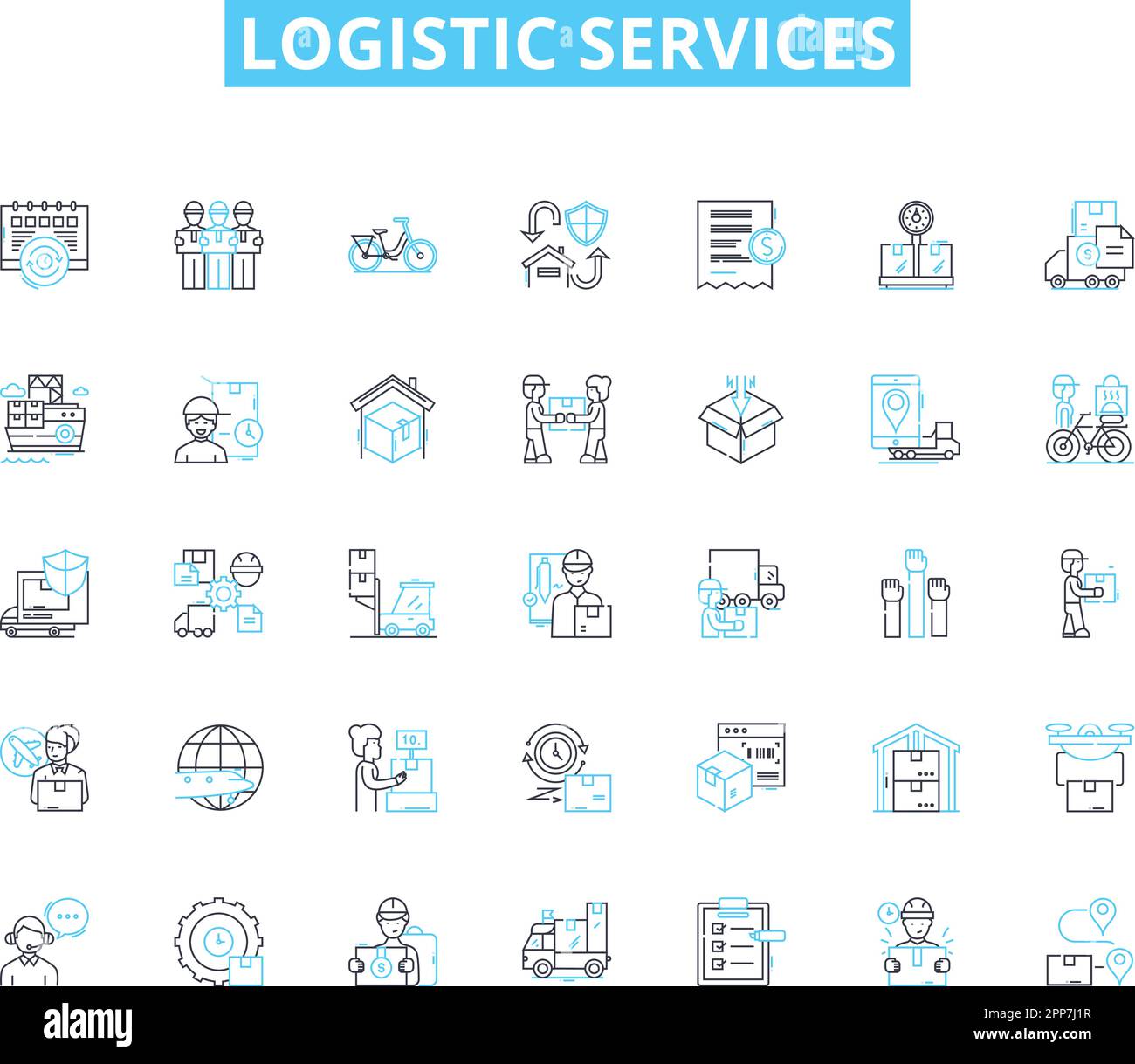 Lineare Symbole für Logistikdienste festgelegt. Lagerhaltung, Transport, Lieferkette, Vertrieb, Logistik, Fracht, Lagerposition - Vektor und Konzept Stock Vektor