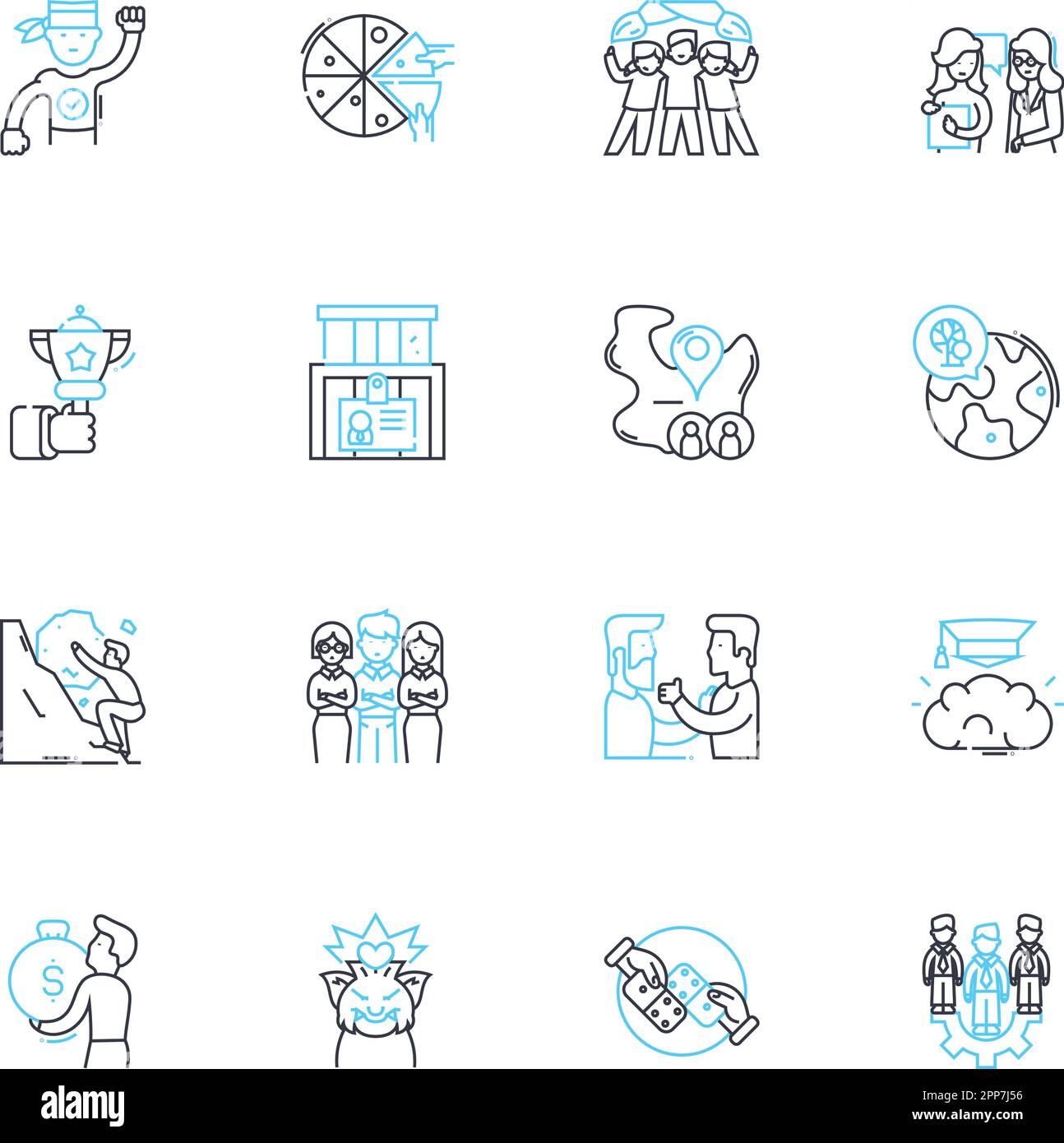 Lineare Symbole für die Einbindung von Stakeholdern. Zusammenarbeit, Empowerment, Kommunikation, Partnerschaft, Feedback, Rechenschaftspflicht, Vertrauenslinie und Stock Vektor