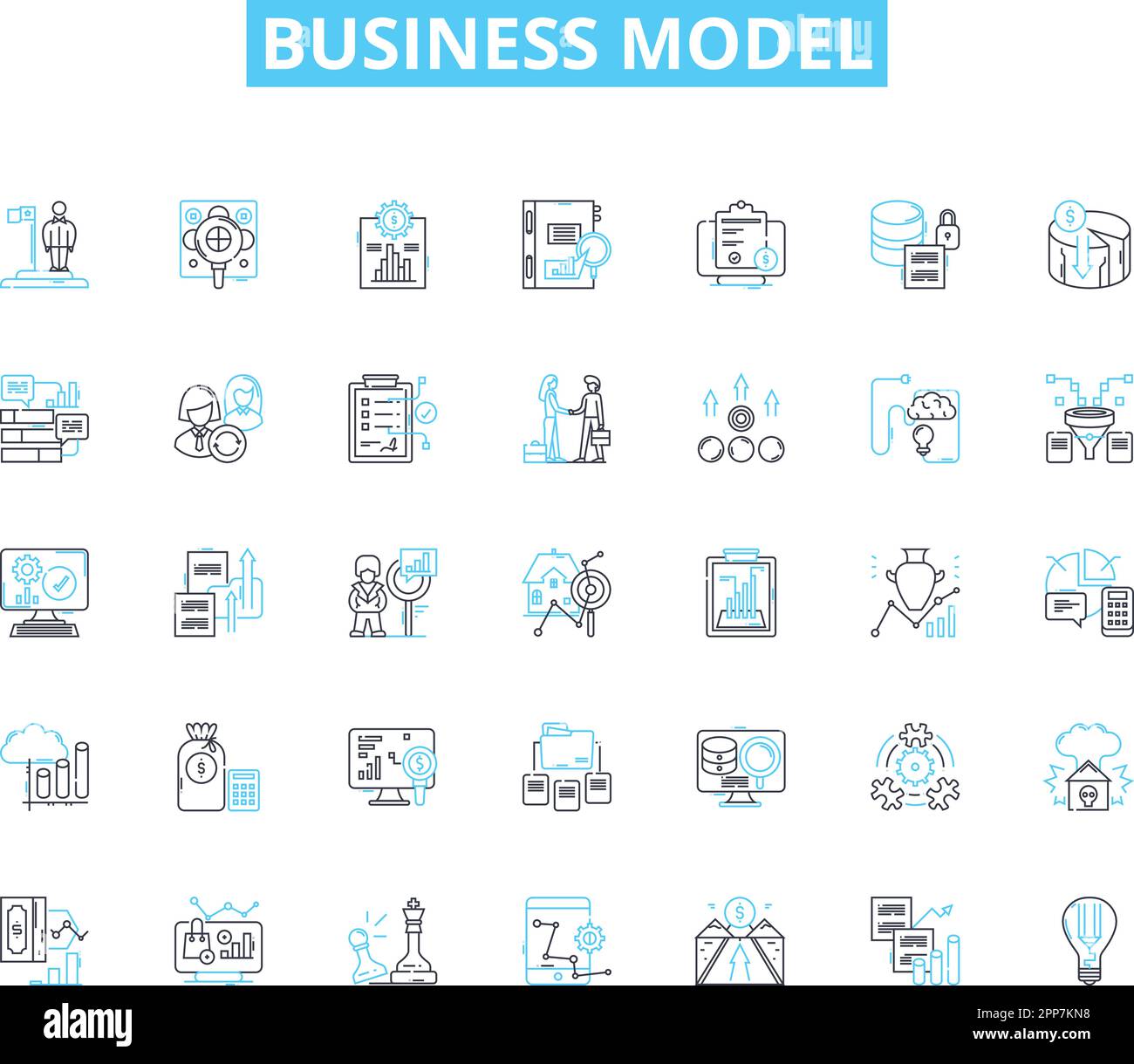 Lineares Symbolset für Geschäftsmodell. Innovation, Disruption, Umsatz, Skalierbarkeit, Nachhaltigkeit, Effizienz, Kundenlinienvektor und Konzeptzeichen Stock Vektor