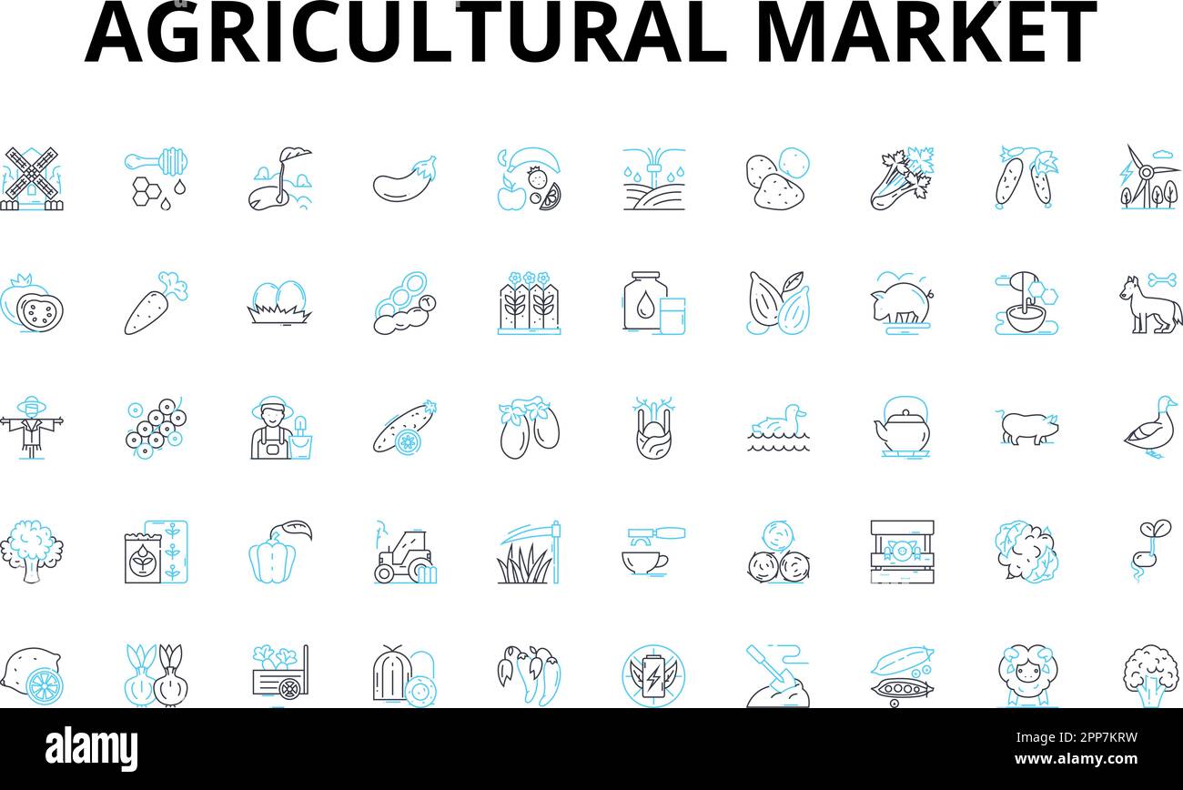 Linearer Symbolsatz für den Agrarmarkt. Landwirtschaft, Viehzucht, Ernte, Bewässerung, Agribusiness-Vektorsymbole und Linienkonzepte Stock Vektor