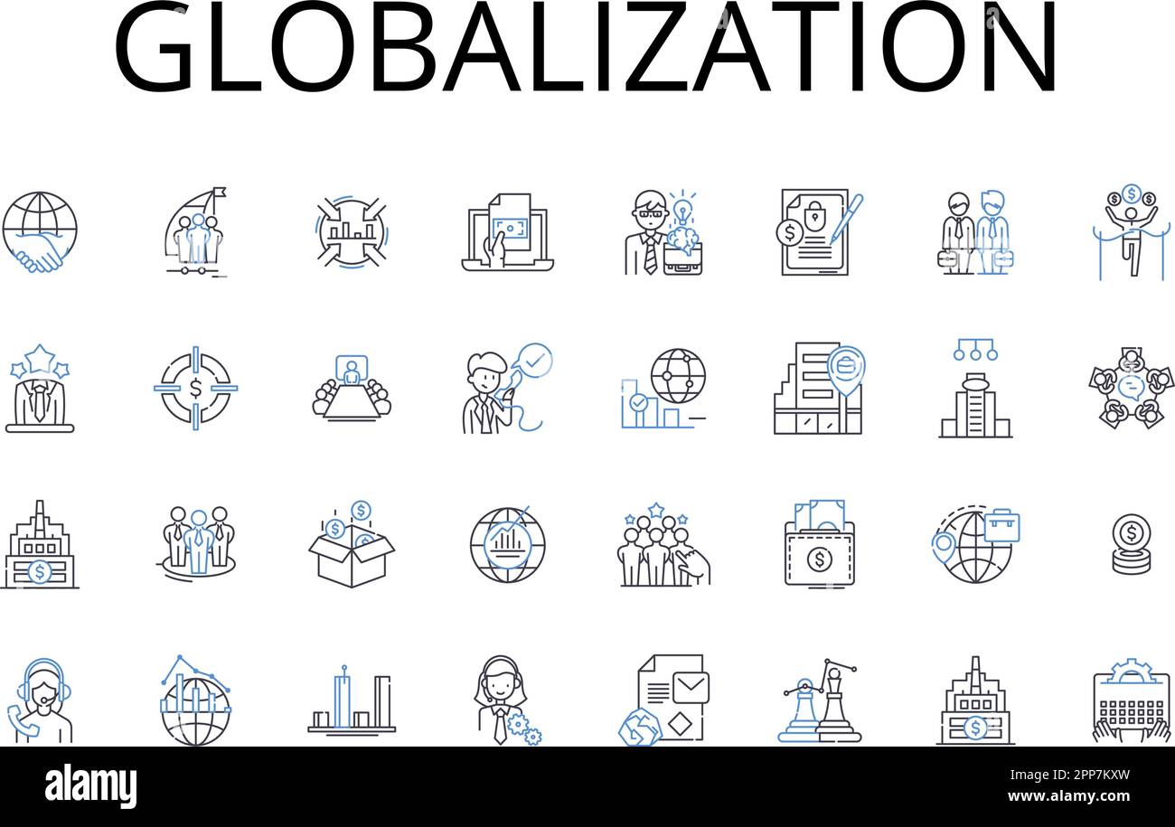 Symbolsammlung für Globalisierungslinien. Urbanisierung, Digitalisierung, Modernisierung, Kommerzialisierung, Industrialisierung, Internationalisierung Stock Vektor