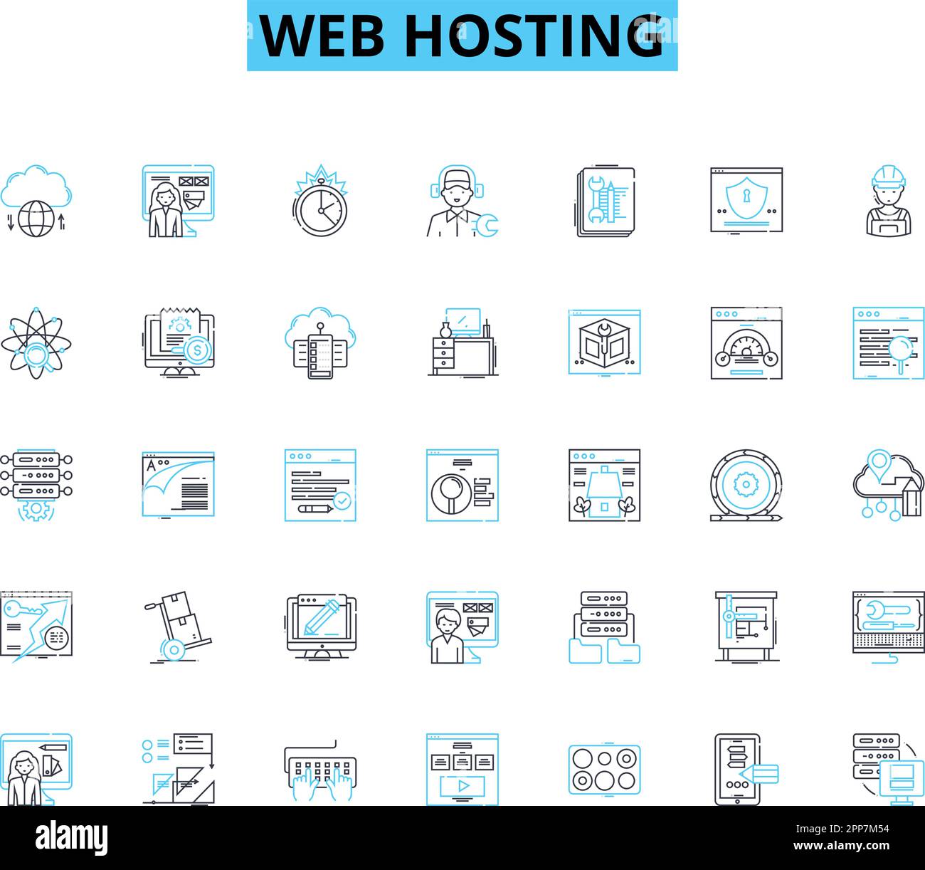 Lineare Symbole für Web-Hosting festgelegt. Server, Hosting, Domäne, Bandbreite, Betriebszeit, Datenbank, Wolkenlinienvektor und Konzeptzeichen. CMS, gemeinsam genutzt, dedizierte Modellstruktur Stock Vektor