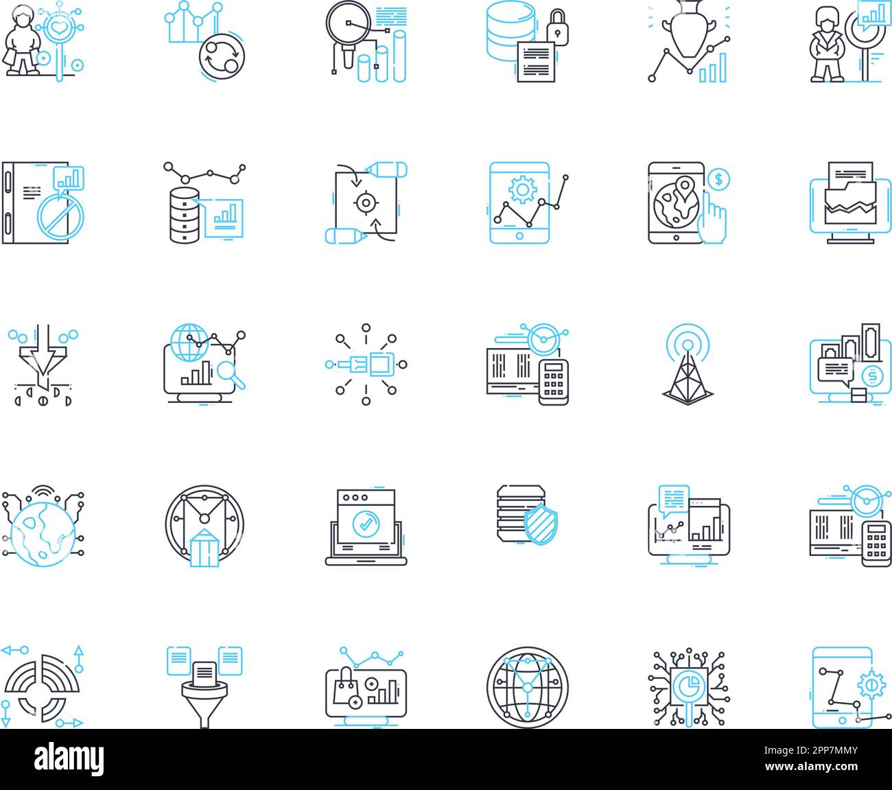 Lineare Symbole für Finanzbeurteilungen festgelegt. Bewertung, Bewertung, Analyse, Bewertung, Projektion, Cashflow, Rentabilitätslinienvektor und Konzeptzeichen Stock Vektor