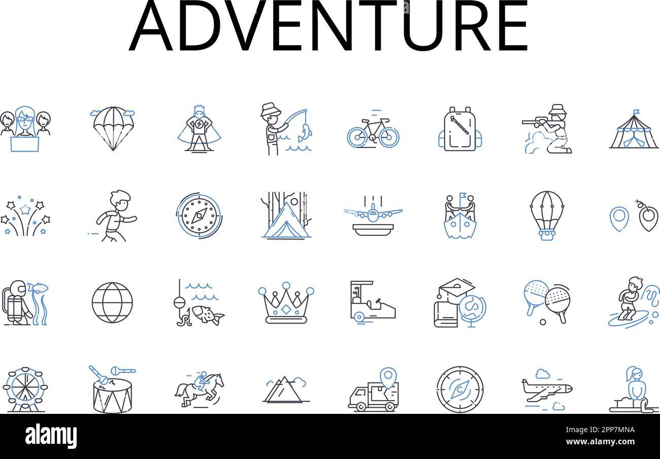 Adventure Line Icons Kollektion. Reise, Suche, Erkundungen, Exkursion, Expedition, Risikobereitschaft, Daredevilry-Vektor und lineare Darstellung. Unternehmen Stock Vektor