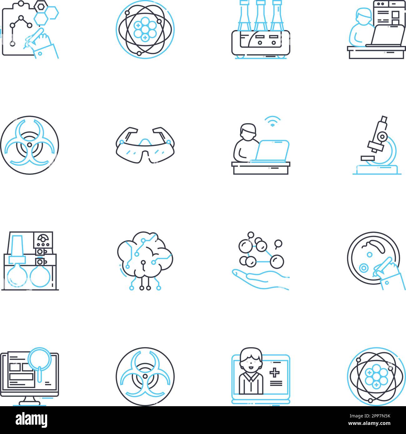 Lineare Symbole für chemische Analyse festgelegt. Spektroskopie, Chromatographie, Massenspektrometrie, Elementaranalyse, Lösungsmittelextraktion, Gaschromatographie Stock Vektor