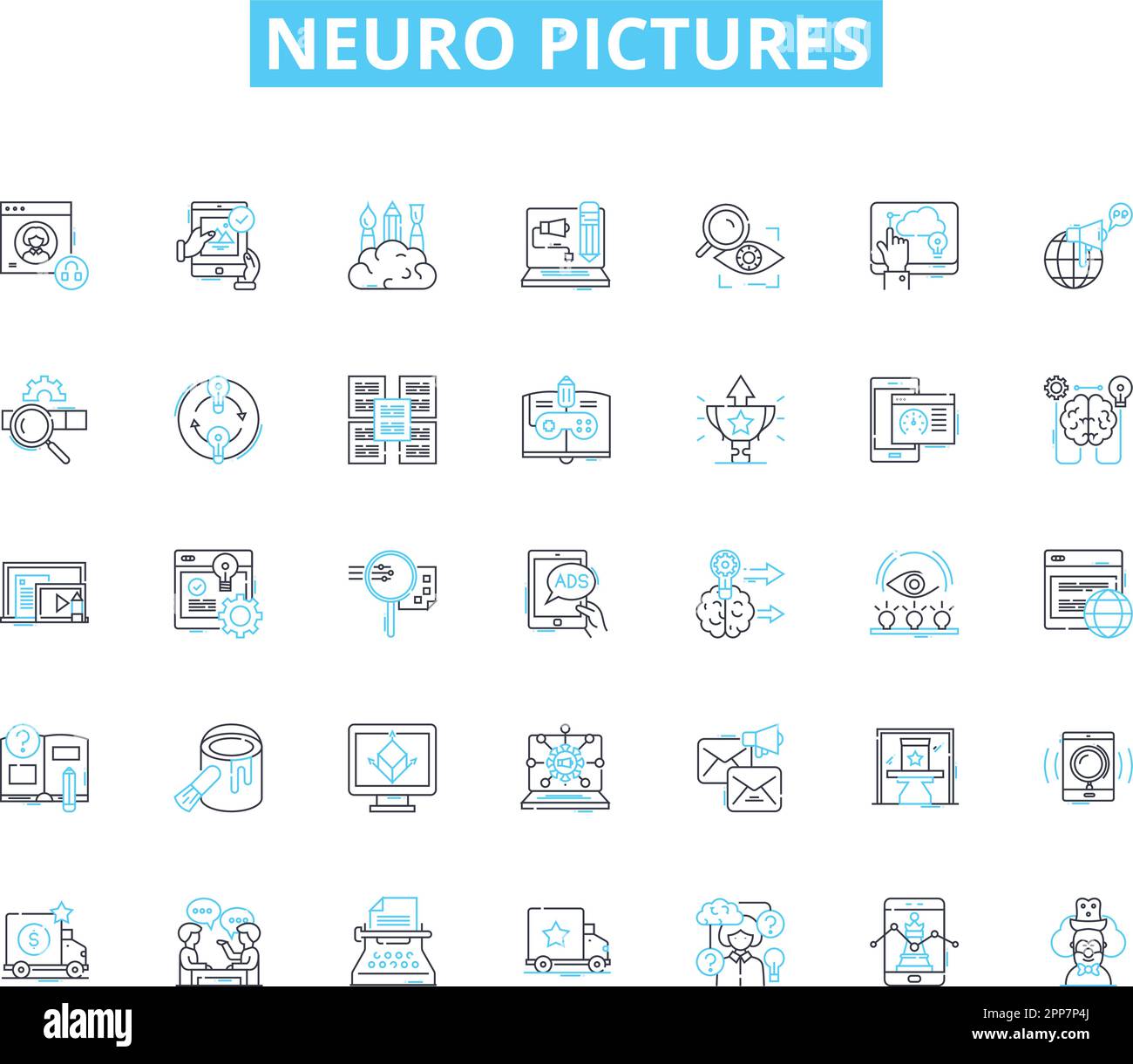 Neuro-Bilder Lineare Symbole eingestellt. Gehirnwellen, Neuronen, Erinnerungen, Synapsen, Axonen, Kognition, Wahrnehmungslinienvektor und Konzeptzeichen. Psychologie Stock Vektor