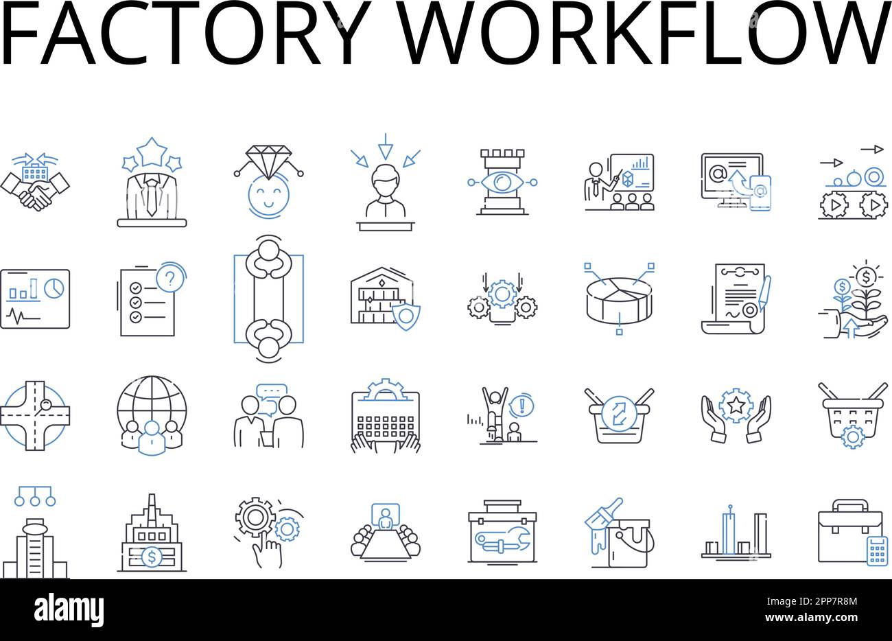 Symbolsammlung für werkseitige Workflow-Linien. Unternehmensverfahren, Geschäftsstruktur, Organisationsprozess, Unternehmensabläufe, Unternehmensmethodik Stock Vektor