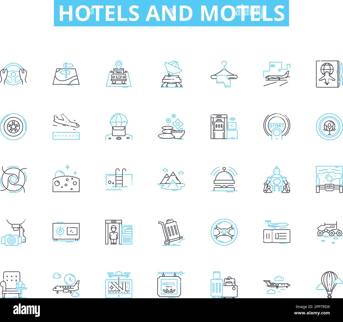 Hotels und Motels sind lineare Ikonen. Unterkünfte, Unterkünfte, Gastfreundschaft, Annehmlichkeiten, Suiten, Reservierungen, Weglinienvektor und Konzeptzeichen Stock Vektor
