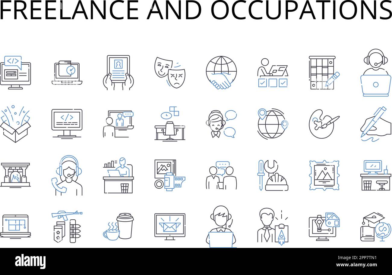 Kollektion mit Liniensymbolen für Freiberufler und Berufe. Selbstständig, Berater, Auftragnehmer, Unternehmer, unabhängig, Solopreneur, Gig Worker Vector und Stock Vektor