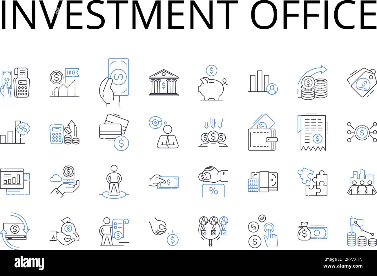 Symbolsammlung für Investment Office Line. Wealth Management Office, Financial Management Center, Investmentfirma, Asset Management Company, Portfolio Stock Vektor