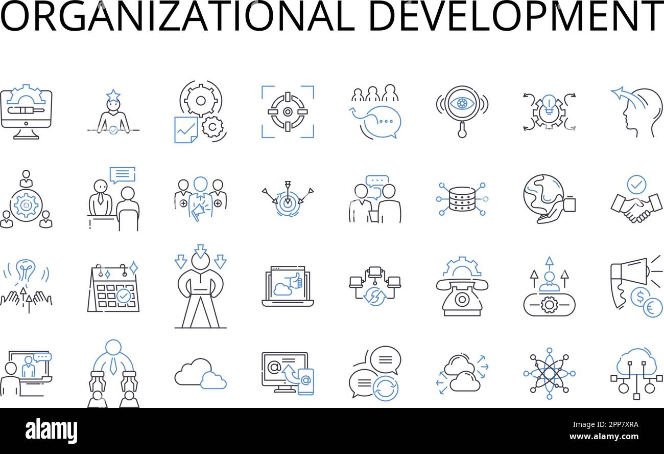 Symbolsammlung für Organisationsentwicklungslinien. Geschäftsstrategie, Projektmanagement, Produktentwicklung, Schulungsprogramme, Führungsschulung Stock Vektor