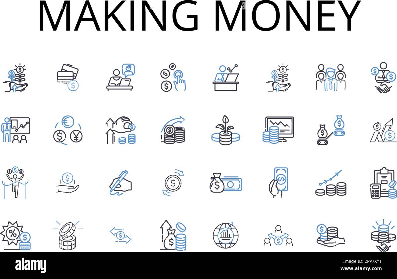 Geldlinien-Icons-Kollektion erstellen. Löhne verdienen, Gewinne machen, Vermögen anhäufen, Einkommen sichern, Entschädigung erhalten, Ernte von Erträgen Stock Vektor