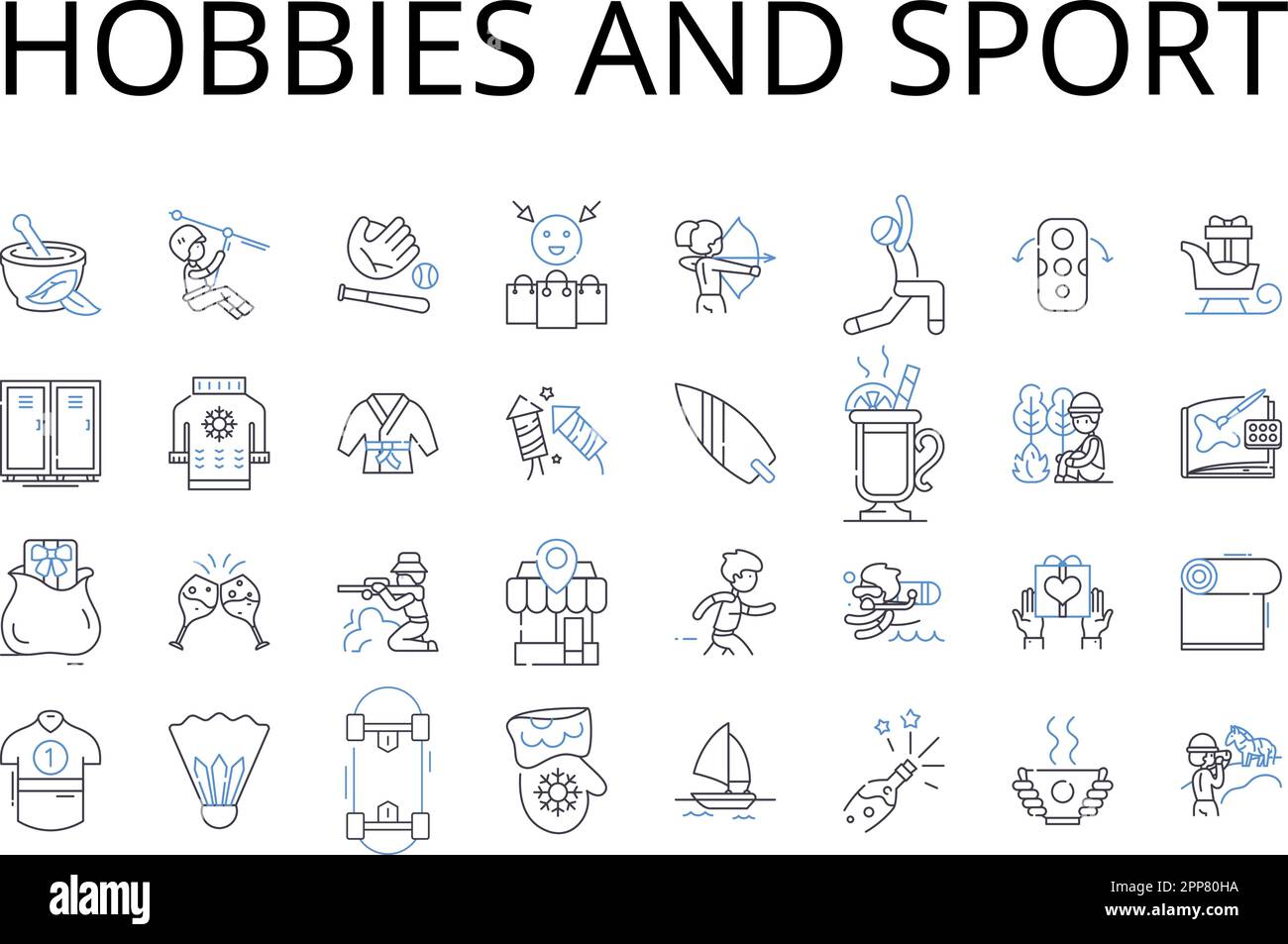 Hobbys und Sport Line Icons Kollektion. Zeitvertreib, Freizeitangebote, Freizeitaktivitäten, Interessen, Vergnügungen, Ablenkungen, Außerschulisch Stock Vektor
