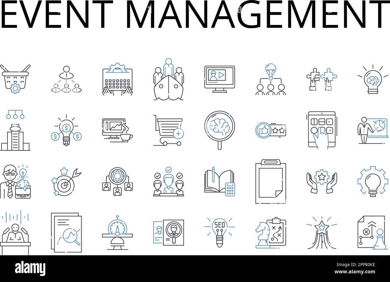 Ereignisverwaltung - Sammlung der Liniensymbole. Projektplanung, Geschäftsstrategie, Markenentwicklung, Marketingkoordination, Kampagnenstrategie, Verkauf Stock Vektor