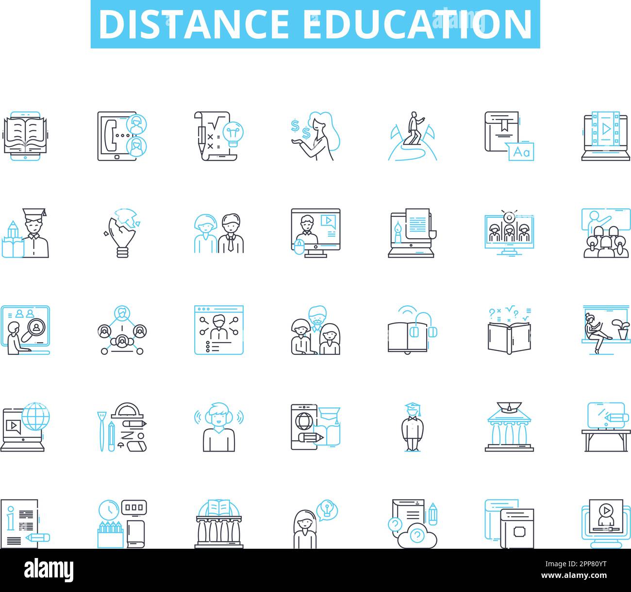 Lineare Symbole für Fernunterricht eingestellt. E-Learning, Online, digital, virtuell, Remote, Videokonferenzen, Telecommunication Line Vector und Concept Signs Stock Vektor