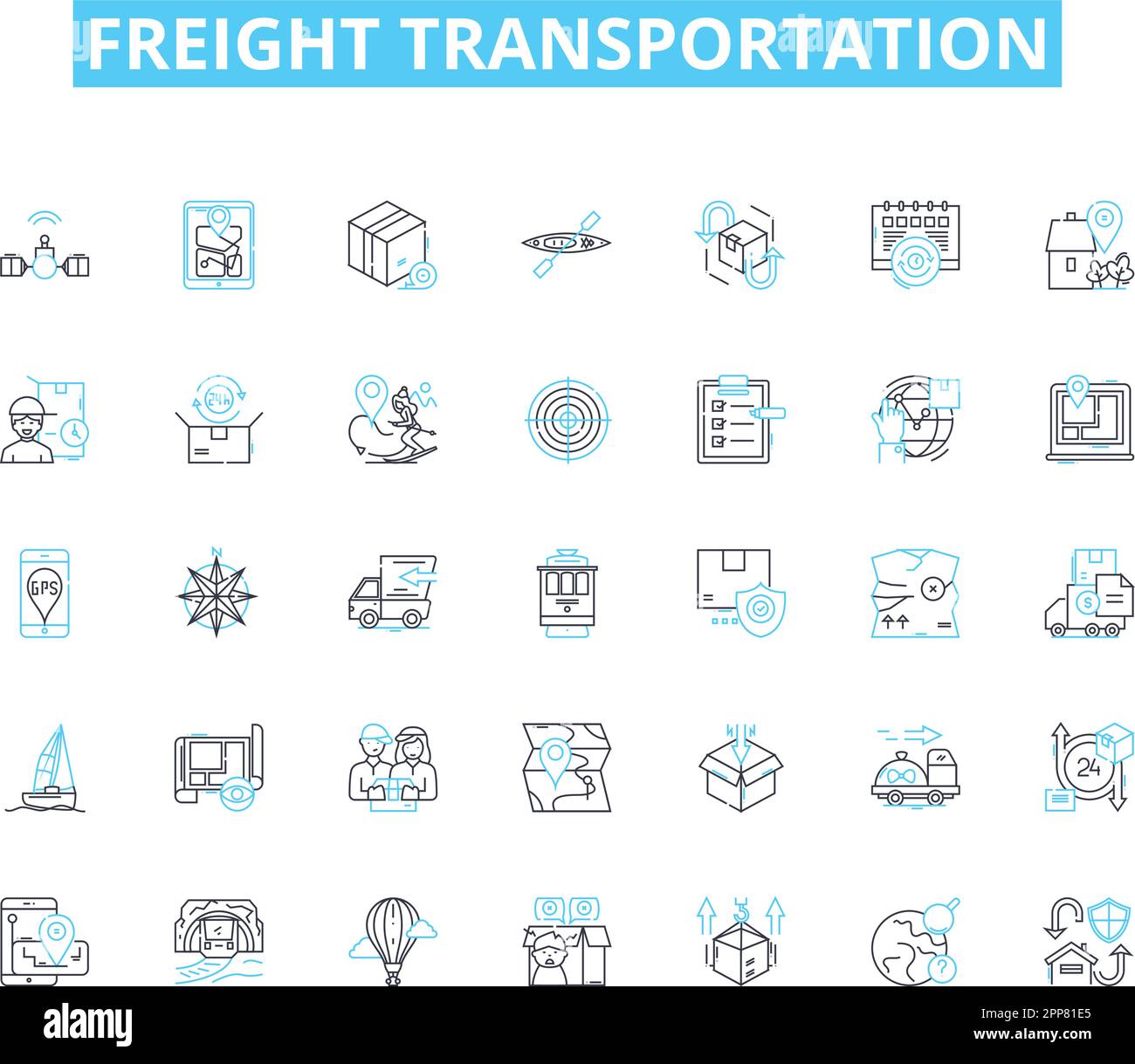 Lineare Symbole für den Gütertransport festgelegt. Versand, Logistik, Spediteur, Lkw, Fracht, Importieren, Exportieren von Linienvektoren und Konzeptzeichen. Lager Stock Vektor