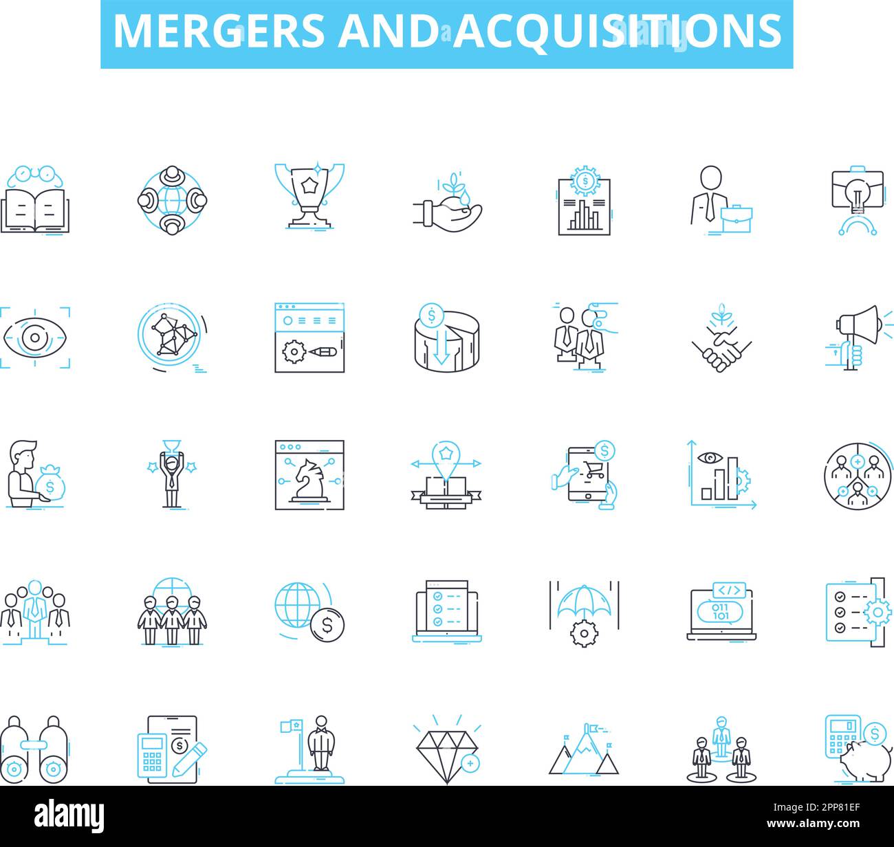 Lineare Symbole für Fusionen und Akquisitionen eingestellt. Konsolidierung, Integration, Synergie, Verdünnung, Übernahme, Amalgamation, Buyout-Linienvektor und Konzeptzeichen Stock Vektor