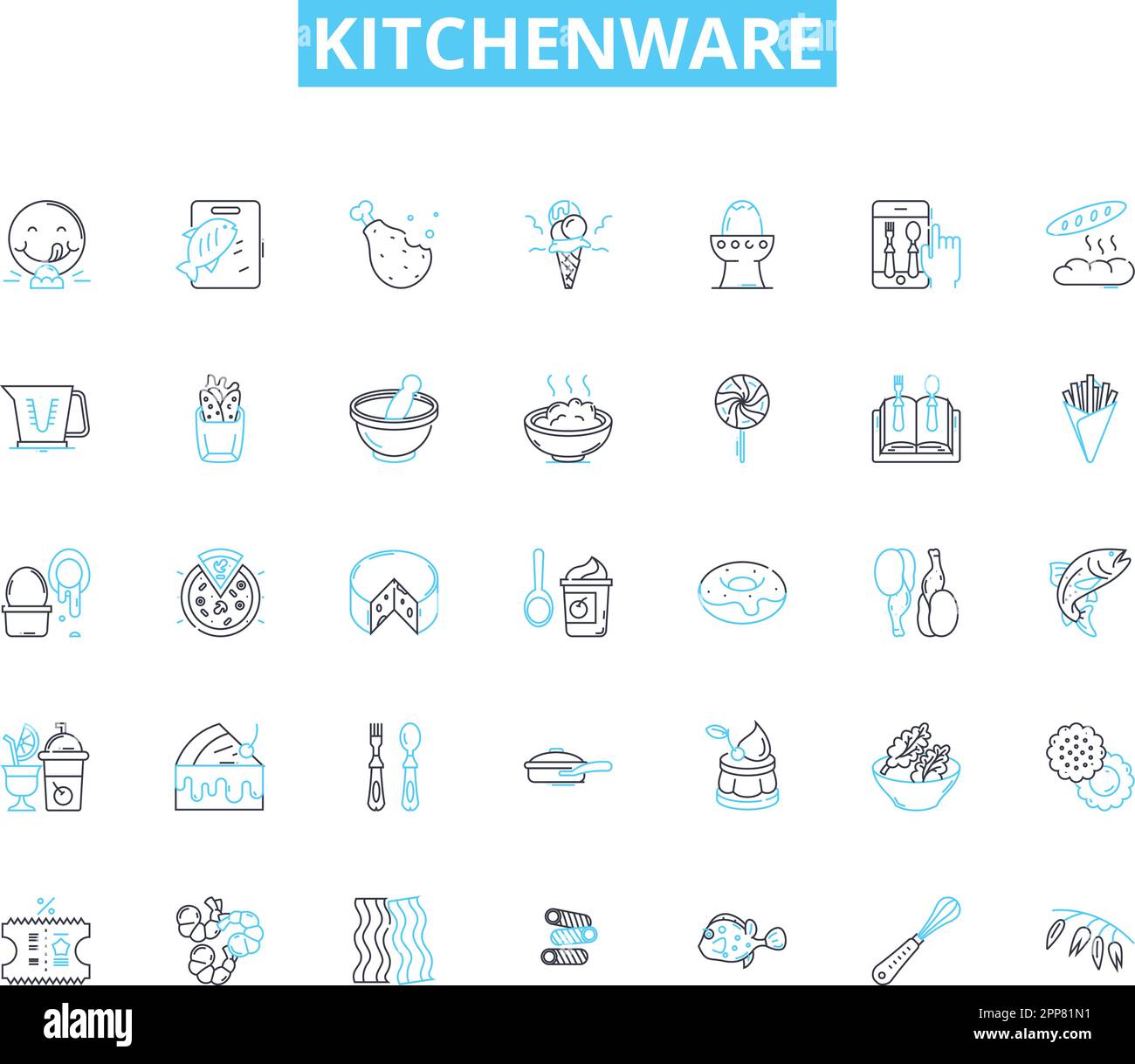 Küchenutensilien Lineare Symbole eingestellt. Besteck, Kochgeschirr, Backgeschirr, Utensilien, Geschirr, Geräte, Gadgets Linienvektor und Konzeptzeichen. Behälter, Siebe Stock Vektor