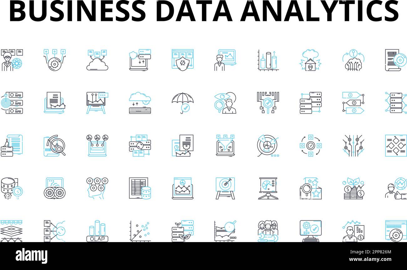 Lineare Symbolgruppe für die Analyse von Geschäftsdaten. Erkenntnisse, Metriken, Visualisierung, Dashboards, Optimierung, Daten, Analytics Vektorsymbole und Linienkonzept Stock Vektor