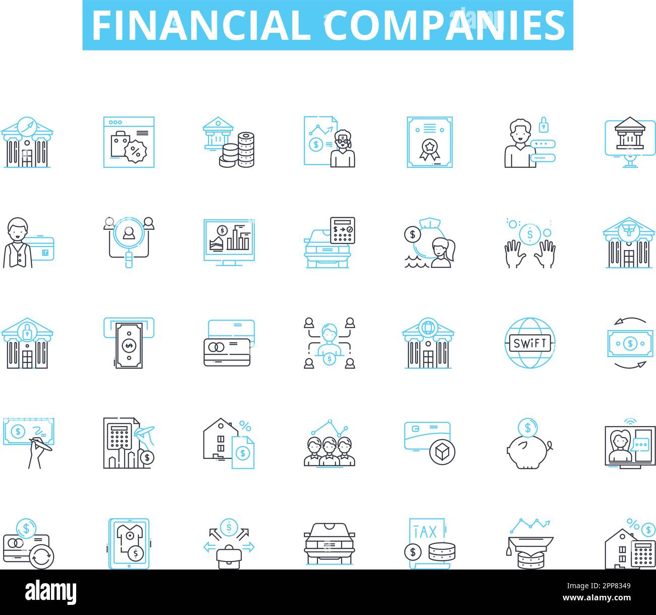 Lineare Symbolgruppe für Finanzunternehmen. Banken, Investitionen, Versicherungen, Vermögen, Steuern, Handel, Kreditlinienvektor und Konzeptzeichen. Kredite, Aktien Stock Vektor