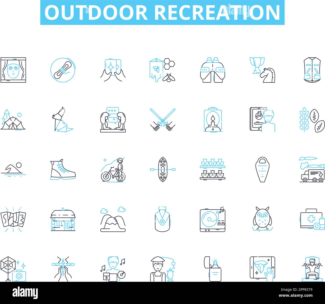 Lineare Symbole für Outdoor-Aktivitäten. Wandern, Camping, Angeln, Fahrradfahren, Jagen, Klettern, Kajakfahren, Linienvektor und Konzeptschilder. Rafting, Schwimmen Stock Vektor