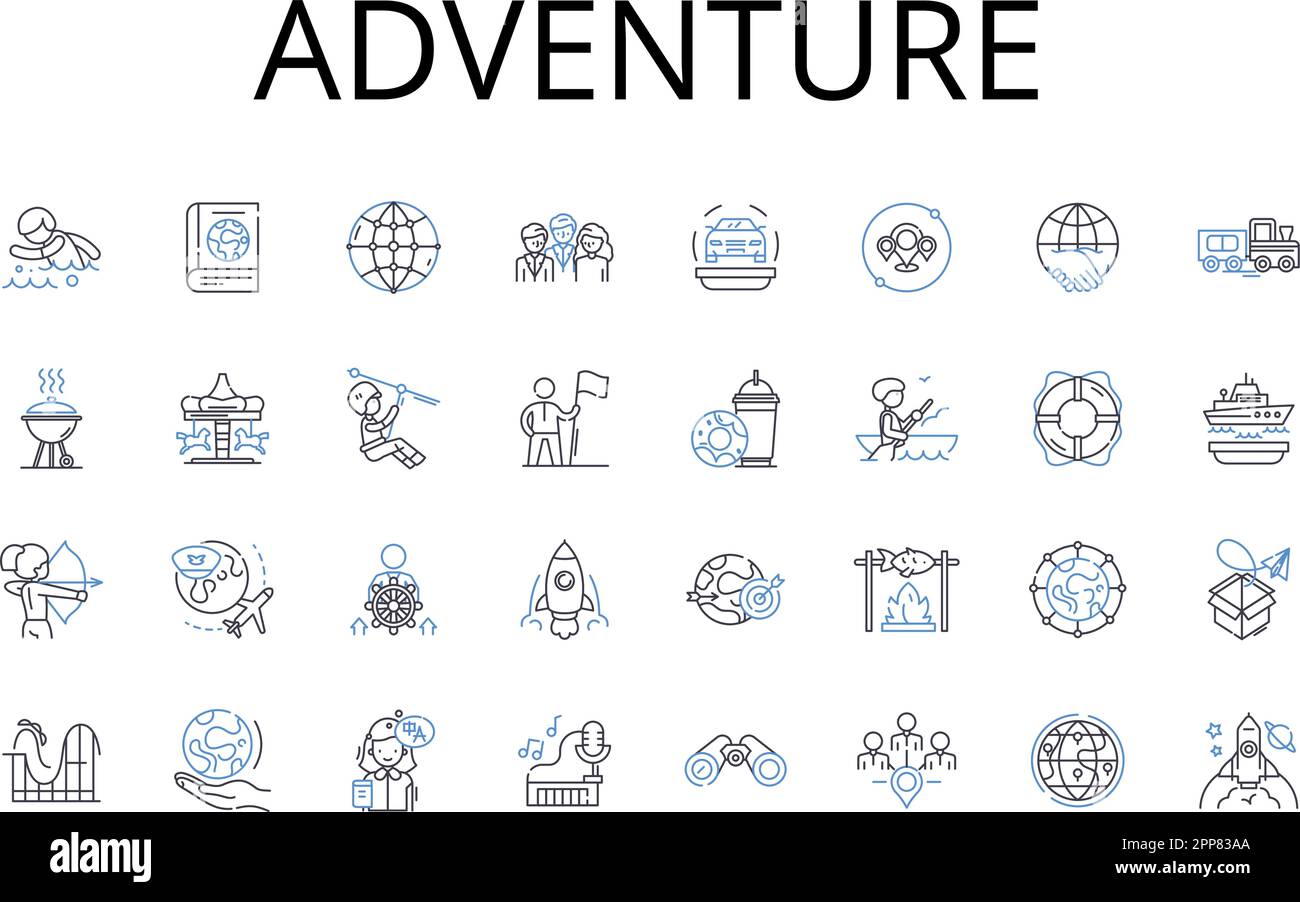 Adventure Line Icons Kollektion. Reise, Suche, Erkundungen, Exkursion, Expedition, Risikobereitschaft, Daredevilry-Vektor und lineare Darstellung. Unternehmen Stock Vektor