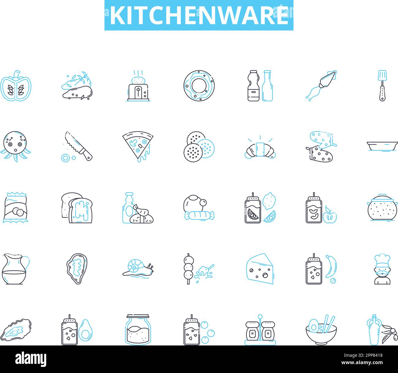 Küchenutensilien Lineare Symbole eingestellt. Besteck, Kochgeschirr, Backgeschirr, Utensilien, Geschirr, Geräte, Gadgets Linienvektor und Konzeptzeichen. Behälter, Siebe Stock Vektor