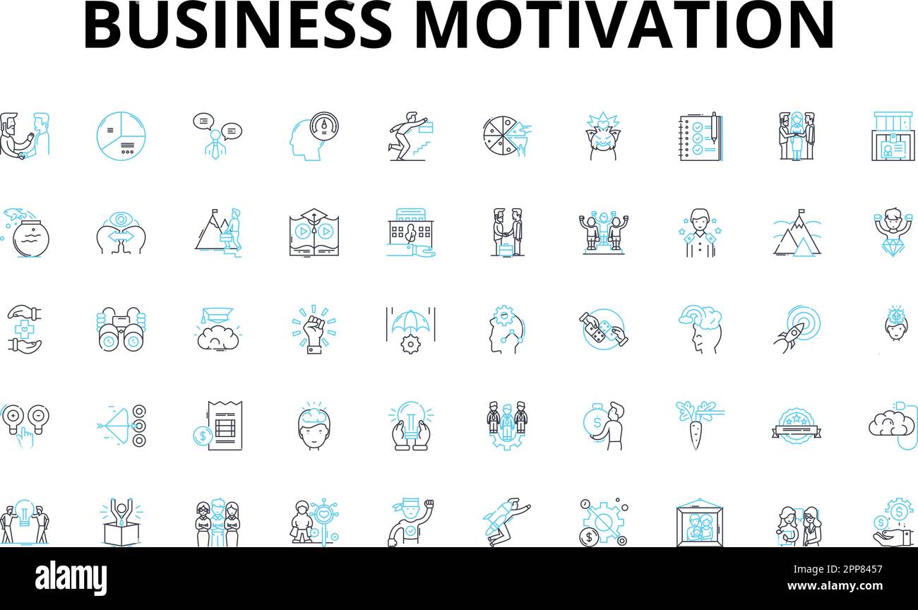 Geschäftsmotivation – Lineare Symbole. Ehrgeiz, Antrieb, Beharrlichkeit, Unternehmergeist, Führung, Innovation, Determinationsvektorsymbole und Linie Stock Vektor