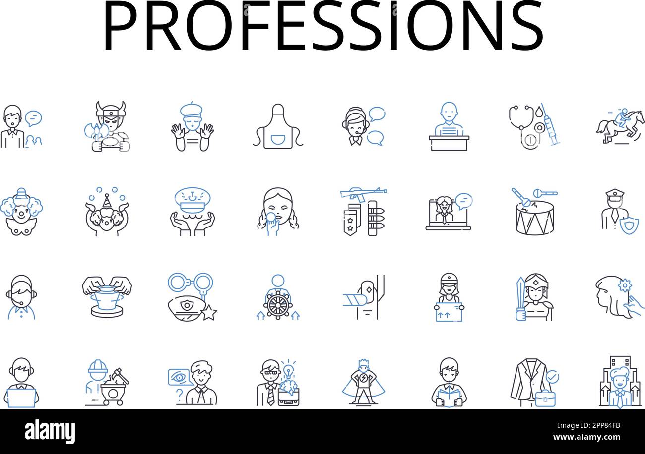 Symbolsammlung für Berufe. Karrieren, Berufe, Arbeitskräfte, Handwerker, Jobs, Beschäftigungsvektor und lineare Darstellung Stock Vektor