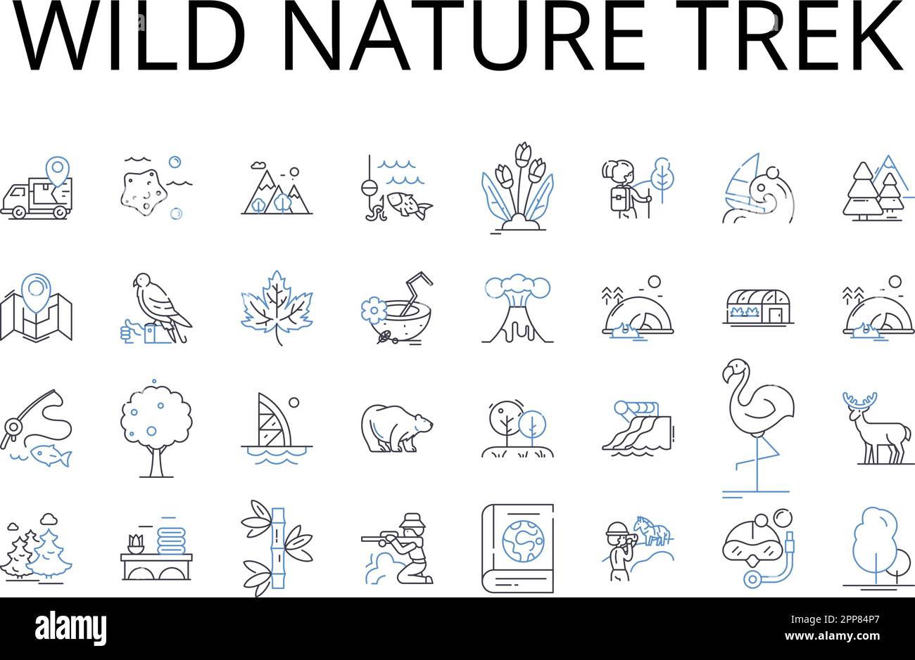 Wild Nature Trek Line Icons Kollektion. Zerklüftete Bergsteigen, Tiefseetauchen, ruhiger Strandspaziergang, majestätischer Wasserfall, geheimnisvolle Höhlenerkundung Stock Vektor