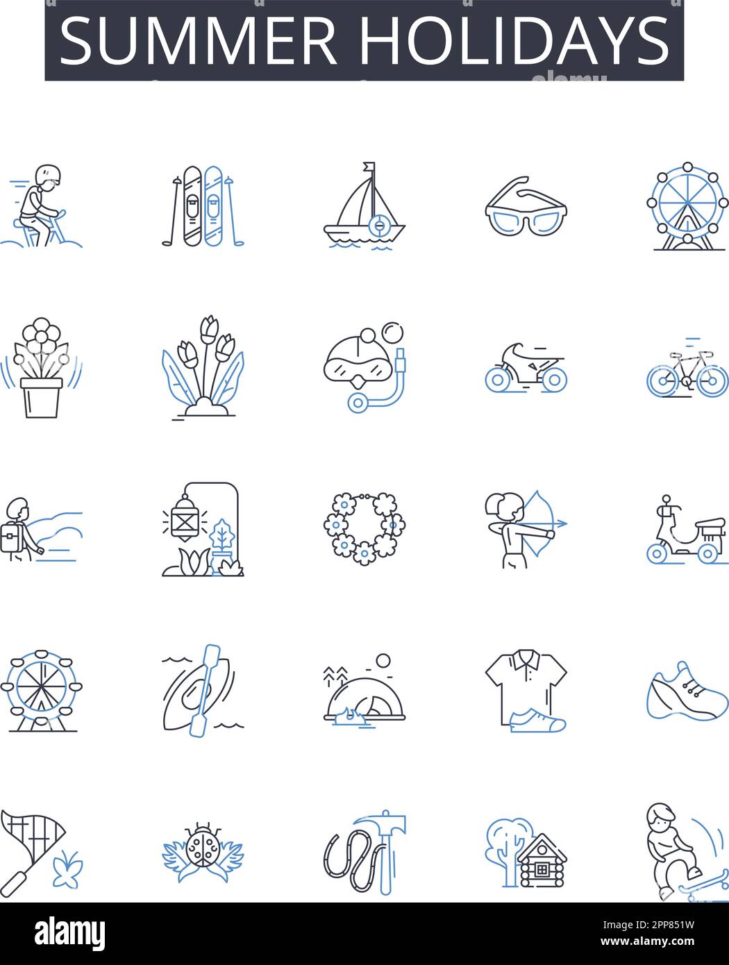 Kollektion mit Symbolen für Sommerferien. Urlaub, Urlaub, Kurzurlaub, Ausflug, Rückzugsort, Pause, Freizeitzeitvektor und lineare Darstellung. Pause, Auszeit Stock Vektor