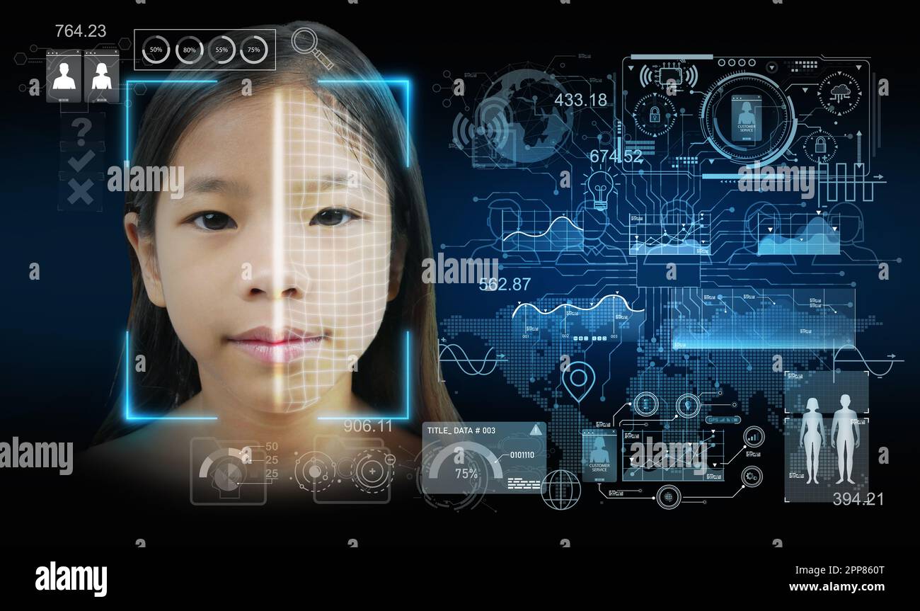 Authentifizierung durch Gesichtserkennung oder Gesichtserkennung. Biometrisches Sicherheitssystem. Technologiekonzept für Cybersicherheit. Wirtschaft und Technologie Stockfoto