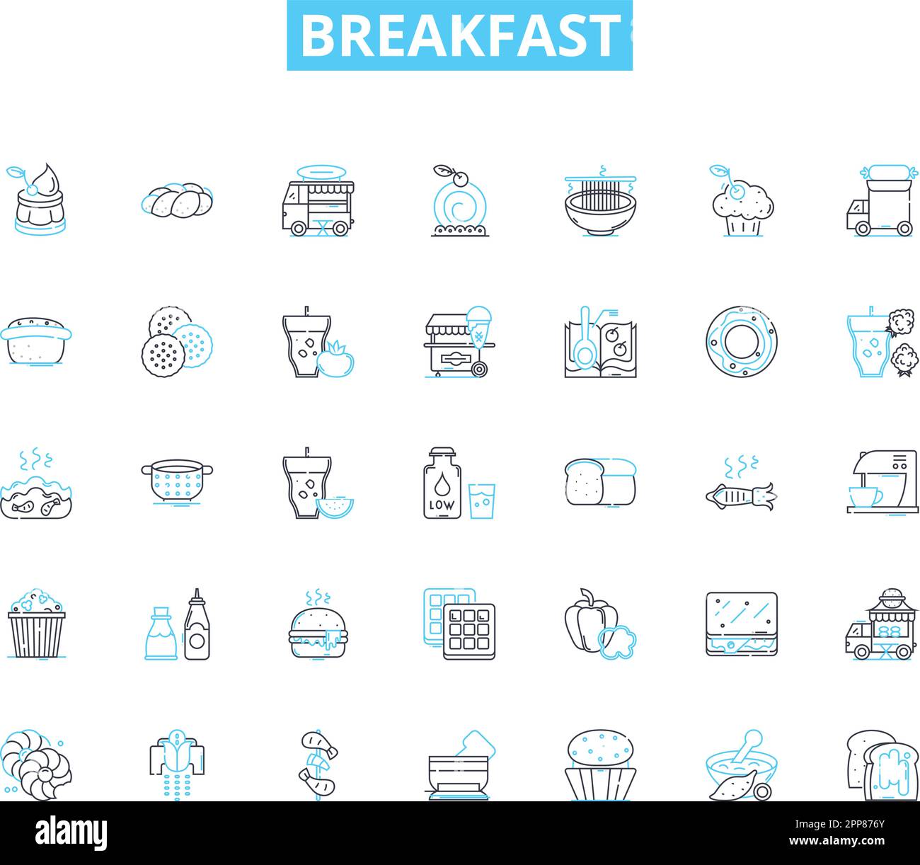 Frühstück mit linearen Symbolen. Pfannkuchen, Waffeln, Omelette, Müsli Und Cornflakes, Toast, Bagel-, Croissant-Linienvektor- und Konzeptschilder. Englischer Muffin, Speck, Wurst Stock Vektor